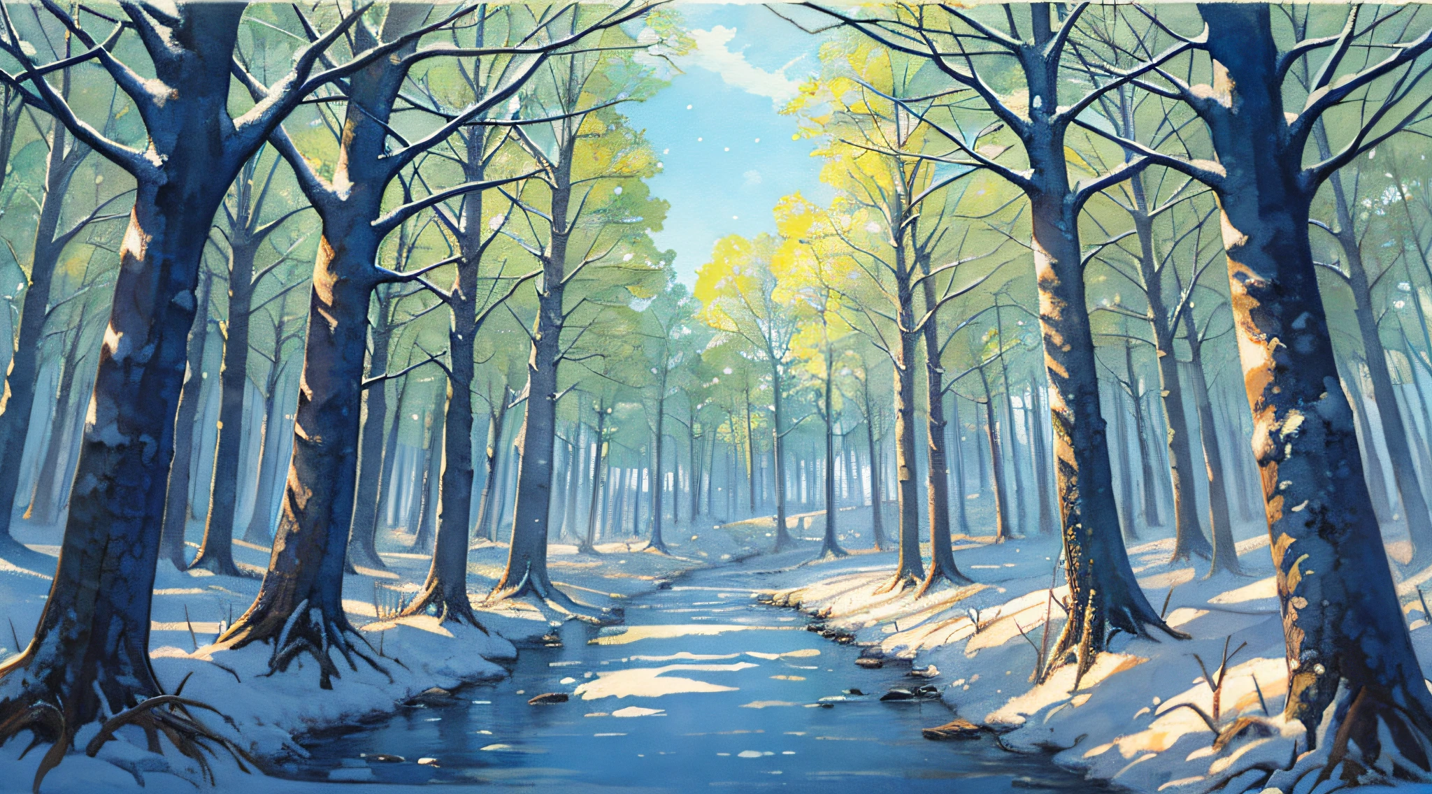 thicket, nature, resort, aerial view, (day: 1.2), ((natural lighting)), clear focus, (long shot: 1.1), watercolor, painting, (winter: 1.2)