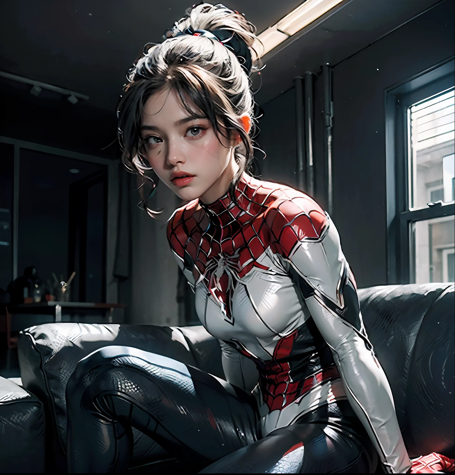 (Extreme Detail CG Unity 8K Wallpapers，tmasterpiece，Highest image quality)，(，Fine picture quality: Cinematic lens effect)，A girl in a white Spider-Man costume，Full body photo 0.8，High ponytail，Full body white clothing，Silver-gray hair color，Spider-Man Parallel Universes，gwyn，Spidey，Knelt，sitting in the couch，dynamicposes)，（Exceptional detail，Faraway view，wide angles)，(Excellent rendering，Enough to stand out from the crowd)，white apparel，Female Spider-Man，Complex spider textures，Mid-range vision，Faraway view，The environment is daytime，White simple background，sobu。