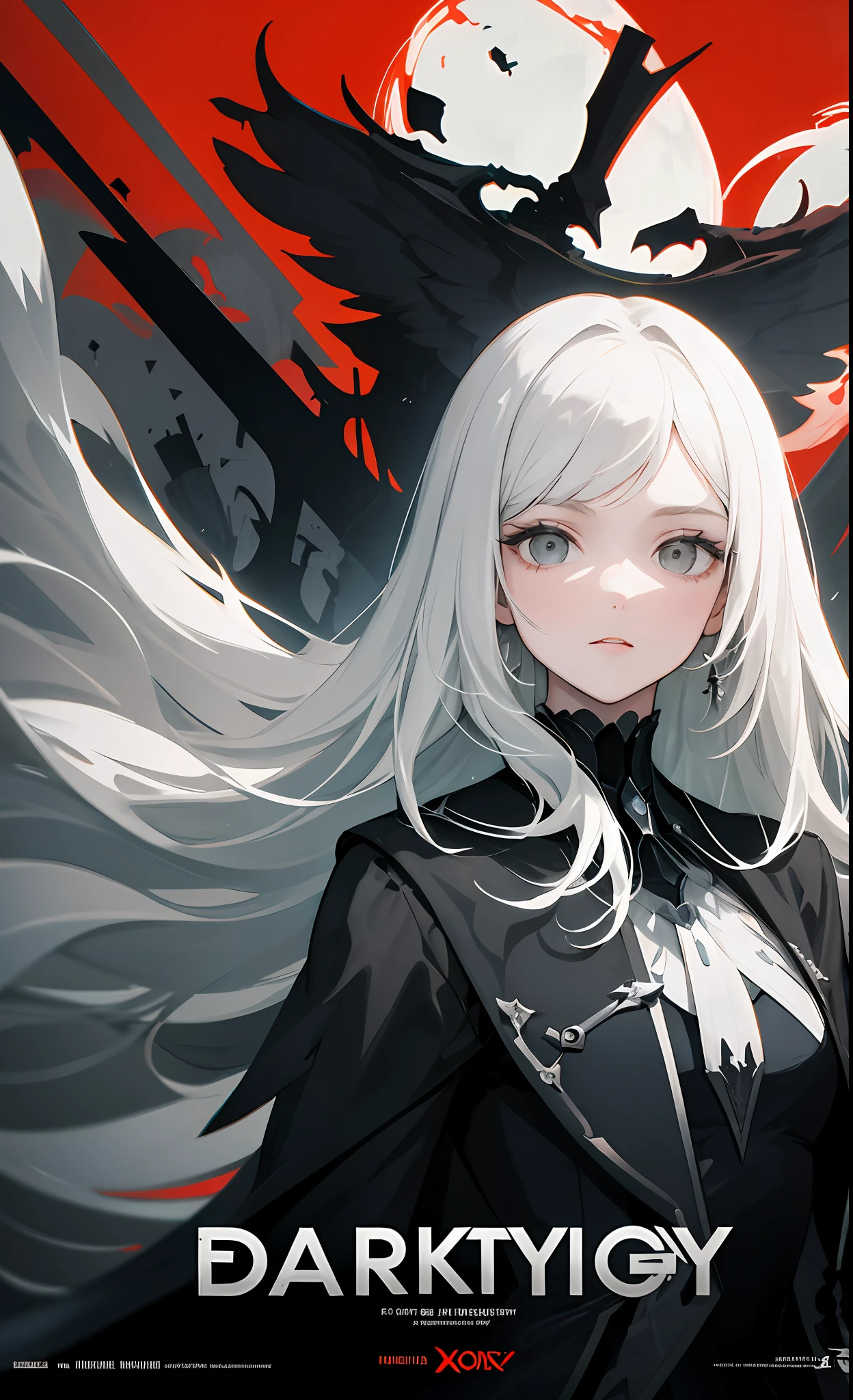 (Dark fantasy movie poster:1.1), Masterpiece, Best Quality, 1girl, (bauhaus, Form, lines, abstract:1.1), Long white hair with bangs, gray eyes