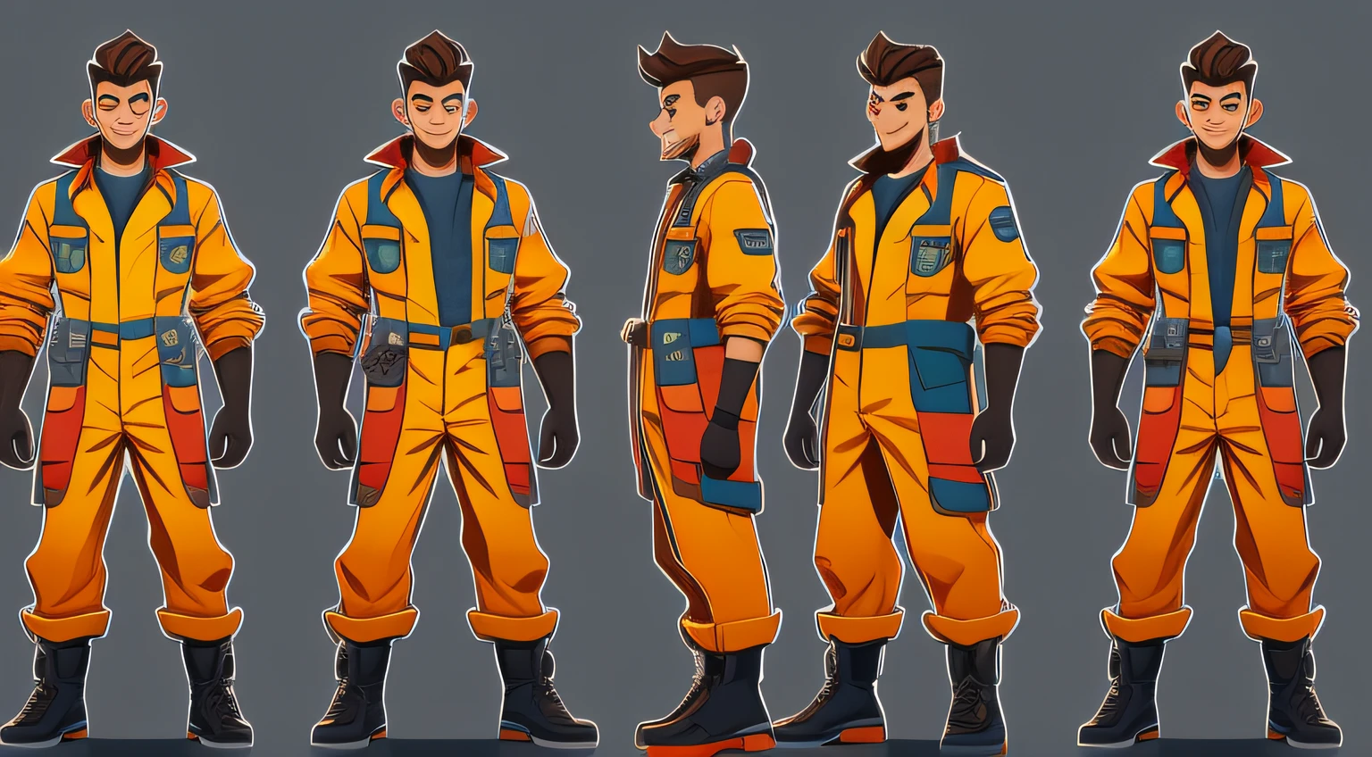sketches of a body head brazilian paulista boy with mechanic jumpsuit in orange color,arms crossed,smiling looking with mouth key in hand high quality character design, character design art, children's art in artstation, highly detailed character design, cartoon concept art, character design, professional character design, character design concept art, colorful concept art design illustration, character concept art, stylized character design, [ character design