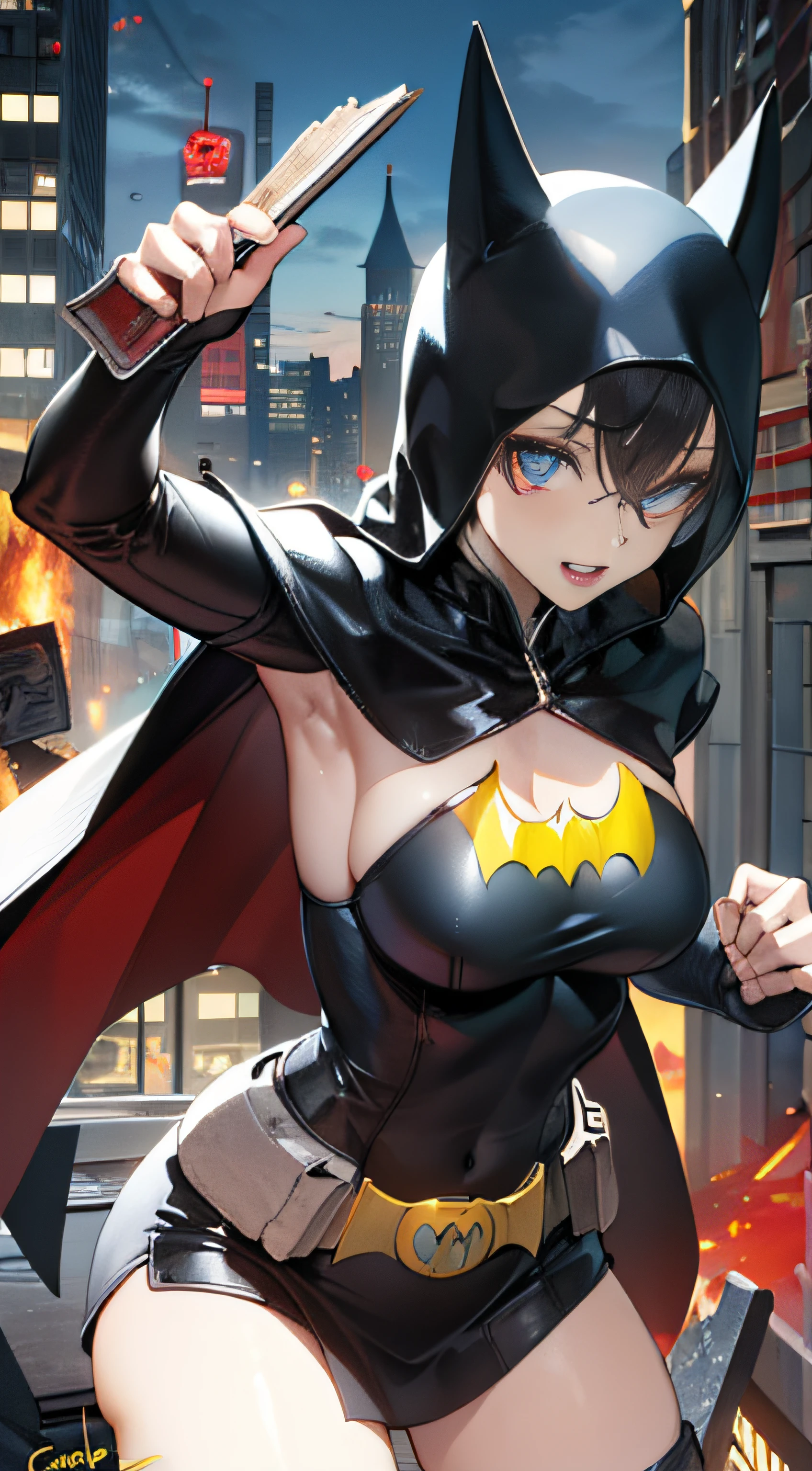 (((best qualtiy))),(((ultra - detailed))),(((tmasterpiece))),(((manga book))),Cool female superhero,Female Batman,The action is exaggerated and handsome,Batman's signature move,Dynamic,Voice bubbles,Fighting,bang between eyes,The background is the ruins of the city after the Great War,Epic cinematic footage。