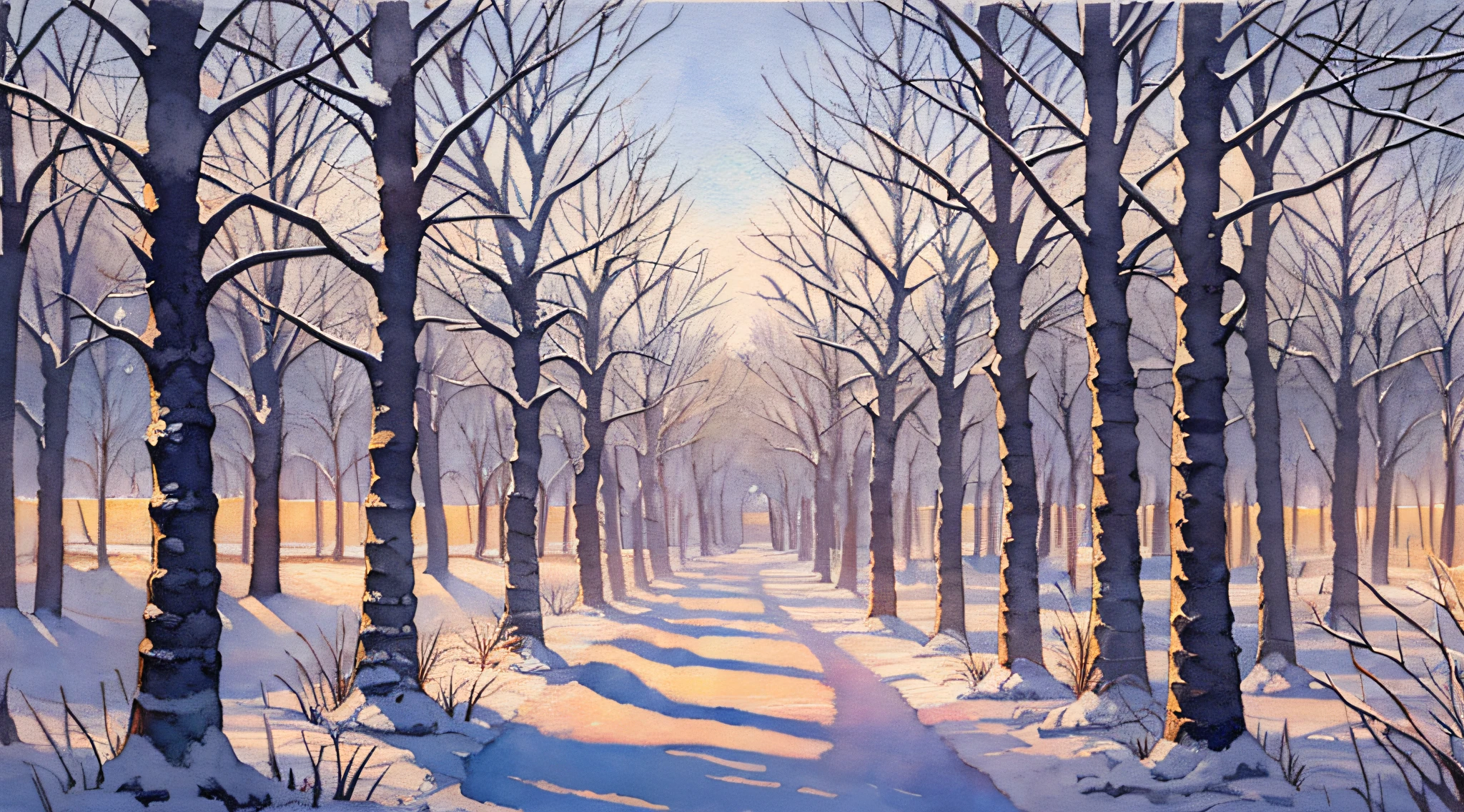 thicket, nature, resort, (day: 1.2), ((natural lighting)), clear focus, (long shot: 1.1), watercolor, painting, (winter: 1.2)