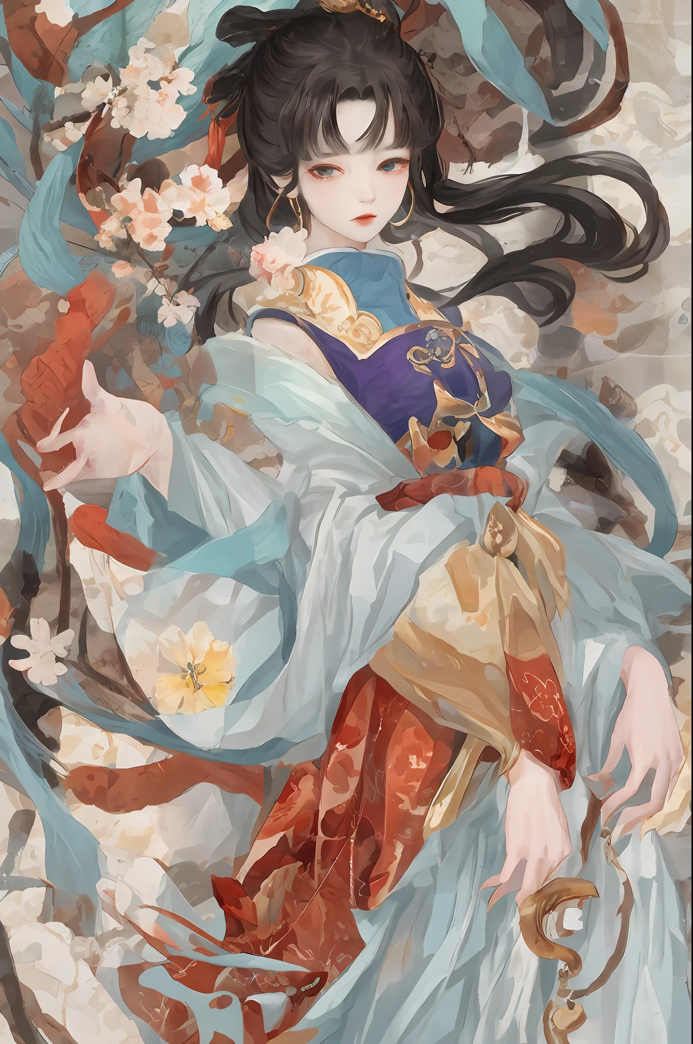 An ancient Chinese beauty sitting on a stone, wearing ancient Chinese clothing, flowing tulle, light silk, lazy posture, large lotus leaf, lotus, ink painting style, clean color, decisive cutting, blank, freehand, masterpiece, super detailed, epic composition, high quality, the highest quality, 4k --v 6