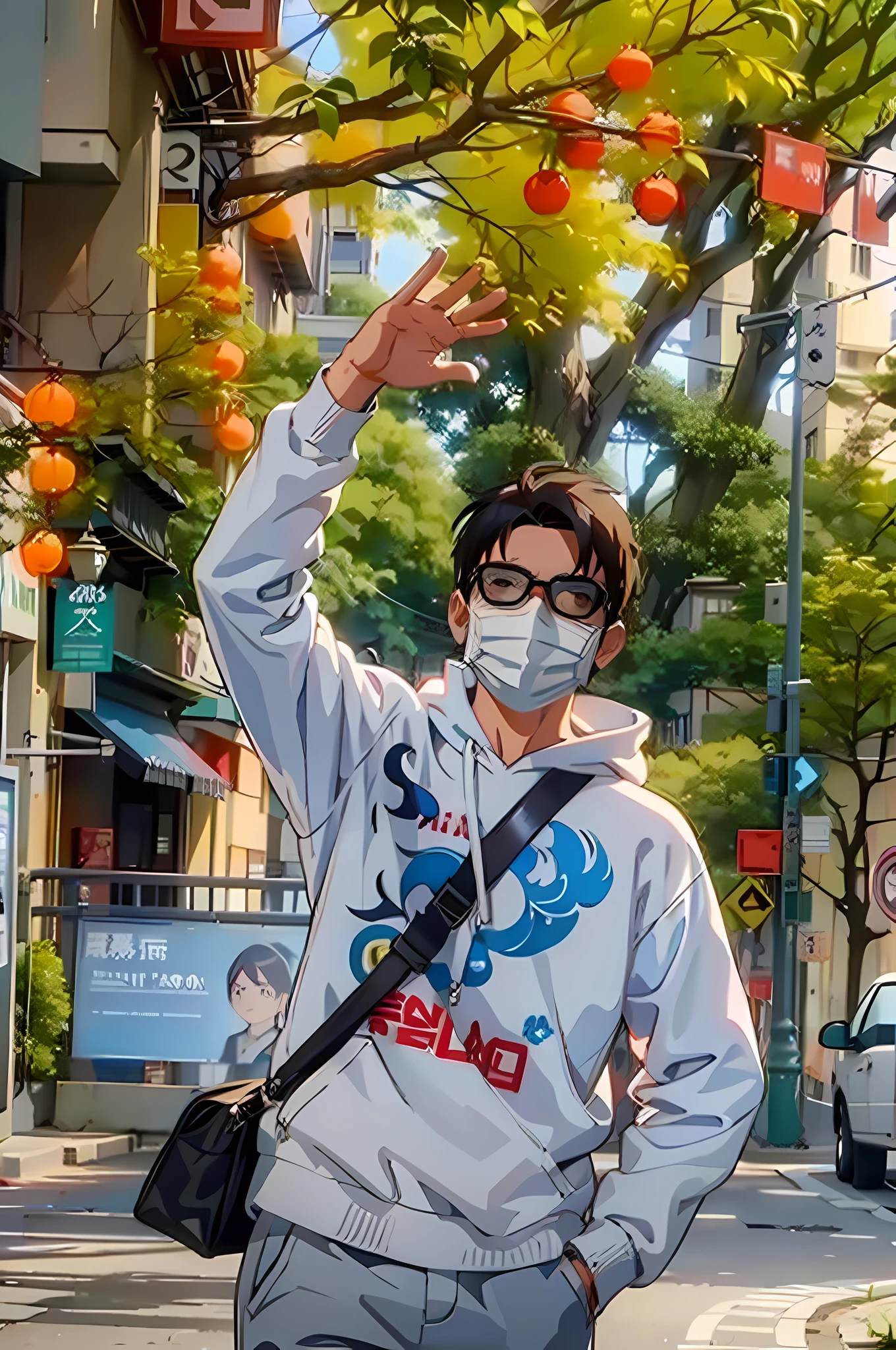 On the street corner,Men in white sweatshirts and masks waving,Wear a mask and glasses,Smile and wave to the camera,The arms danced,Appeared very enthusiastic。joined 「exclusive」 Enhance personalization。