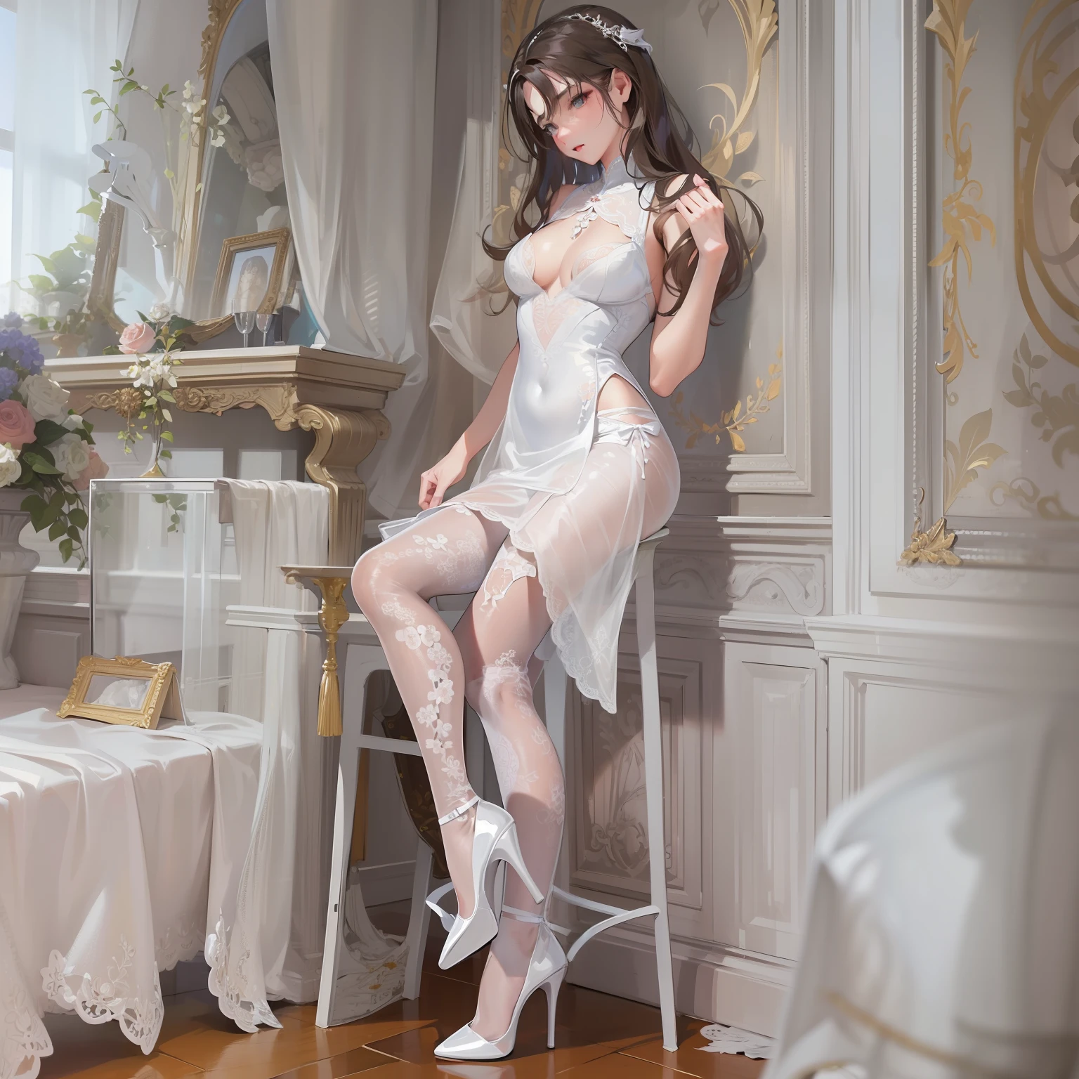 (Masterpiece), (Best quality), (Ultra-detailed), 1girll,Wear a dress,lacepantyhose,high-heels,Mansion bedroom,whitegloves,inside in room,Sat down,inside in room,embroidery,embroidery,silkouette,white Heels