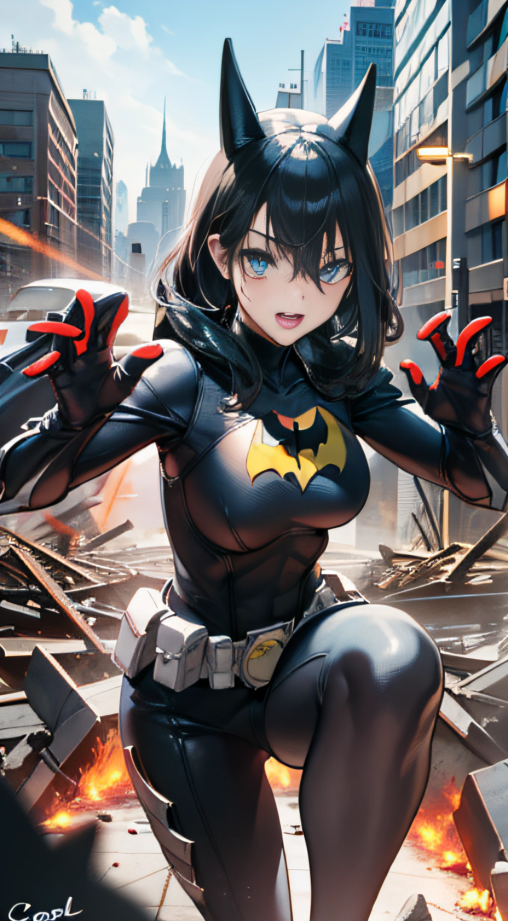 （（（best qualtiy））），（（（ultra - detailed））），（（（tmasterpiece））），（（（manga book））），Cool female superhero，Female Batman，The action is exaggerated and handsome，Batman's signature move，Dynamic，Voice bubbles，Fighting，bang between eyes，The background is the ruins of the city after the Great War，Epic cinematic footage。