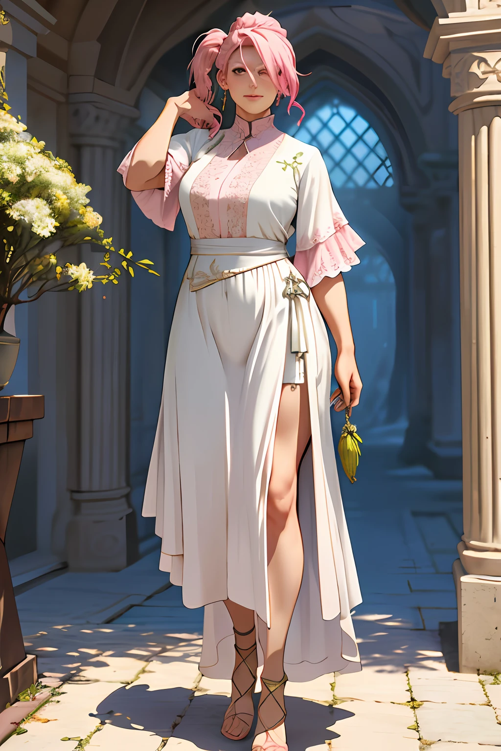 Best quality, masterpiece, a healer, ultra high res,detailed background,realistic,hadesstyle,solo,woman,mature,bara,mature,breast, female,ponytail pink hair, \(theme\),dark fantasy,evil,depth of field, full body, wearing white and pistachio silk dress