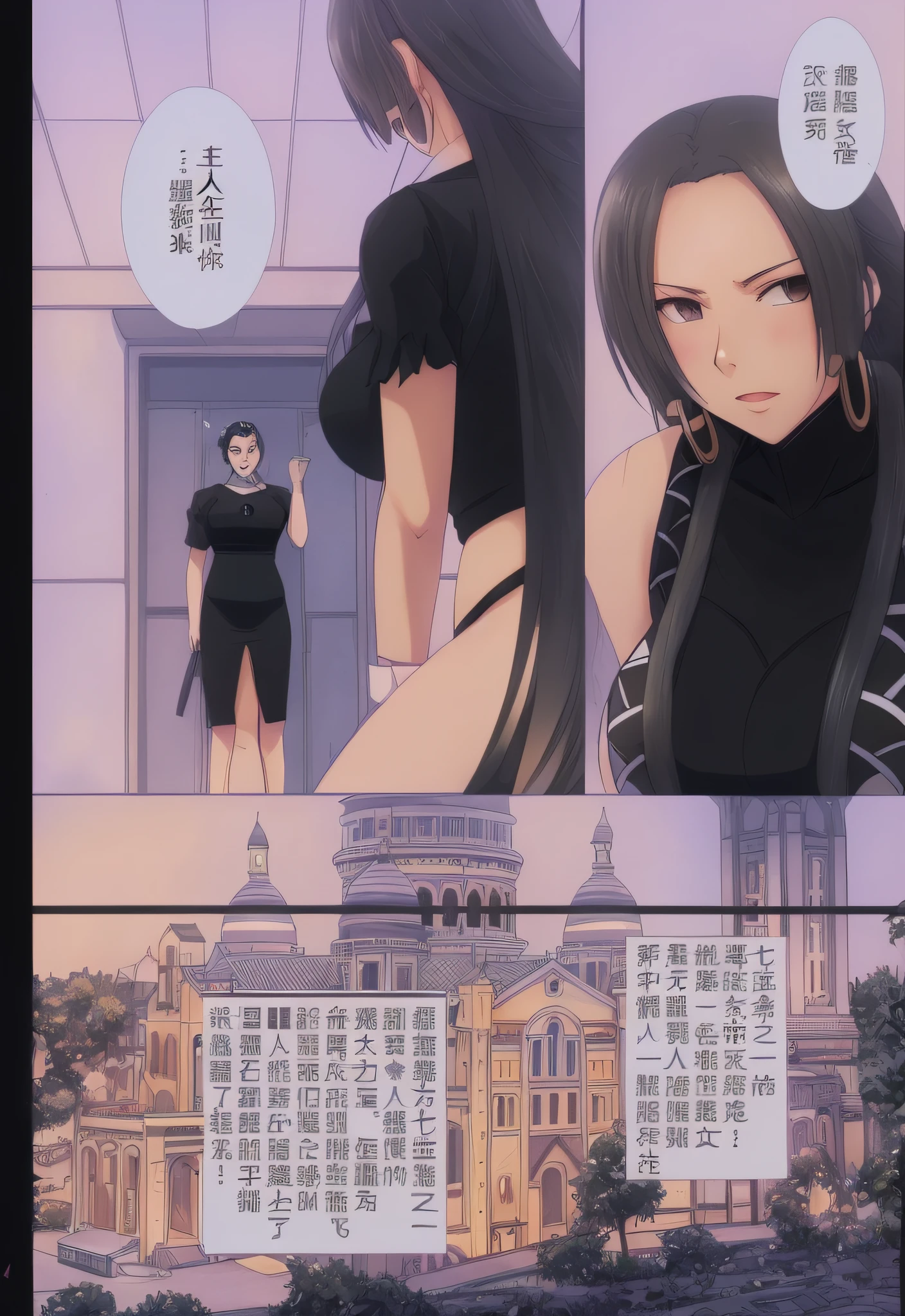 A cartoon picture of a woman in a black dress standing in front of a building, comic page, fantrome, oppai, Full-color caricature, castle scene manga, comic page, Chiba Yuda, Wang Chen, an oppai cyberpunk, Middle metaverse