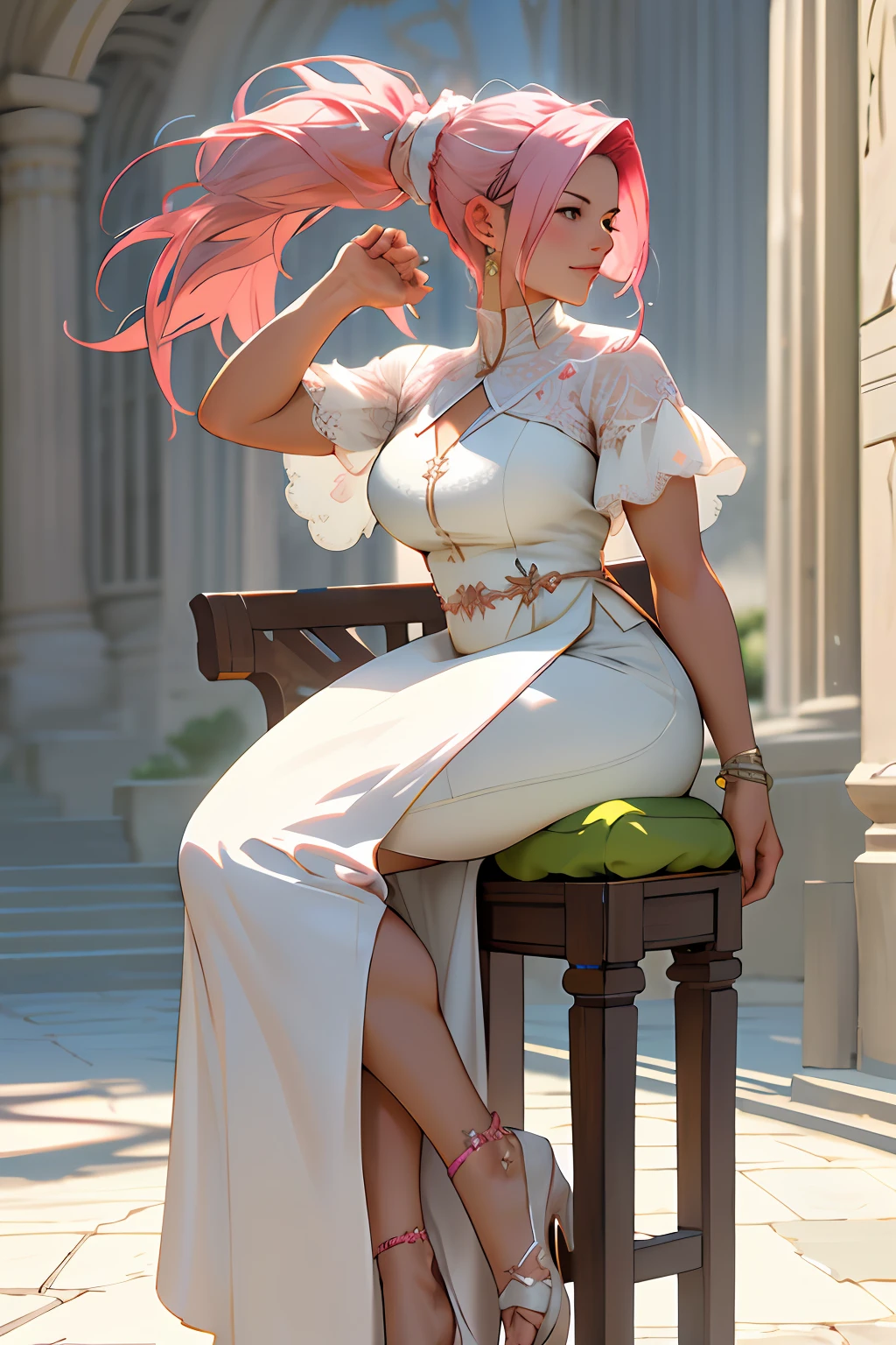 Best quality, masterpiece, a healer, ultra high res,detailed background,realistic,hadesstyle,solo,woman,mature,bara,mature,breast, female,ponytail pink hair, \(theme\),dark fantasy,evil,depth of field, full body, wearing white and pistachio silk dress