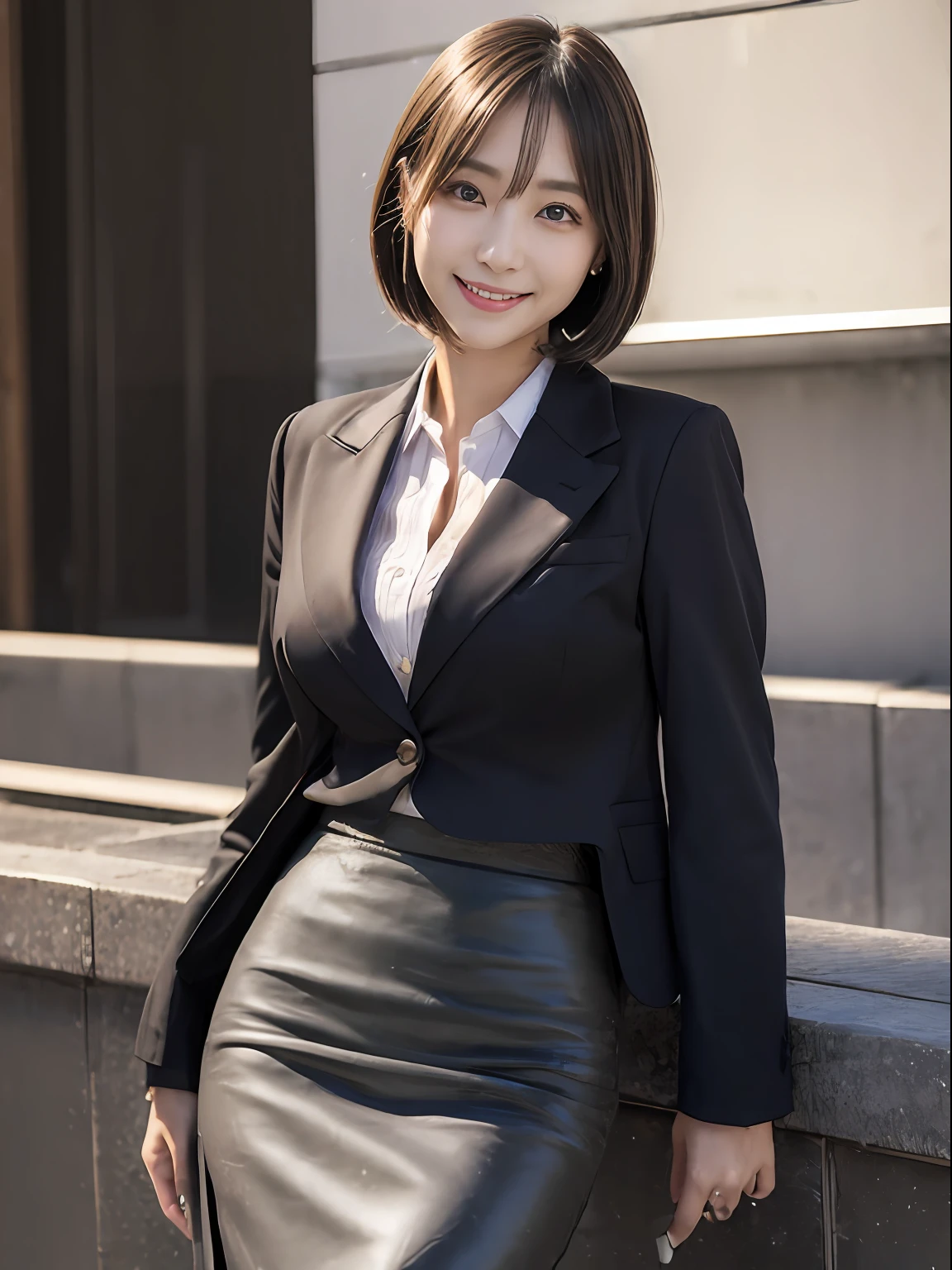 best quality, masterpiece, ultra high res, (photorealistic:1.4), RAW photo,cinematic lighting, 1 japanese girl,solo,20 years old,big breasts,(detailed beautiful face:1.5),(real skin:1.5),slender,thin legs,(big eyes:1.5),(smiling:1.3),(bob:1.5),BREAK,(Business Suit,pencil skirt:1.5),