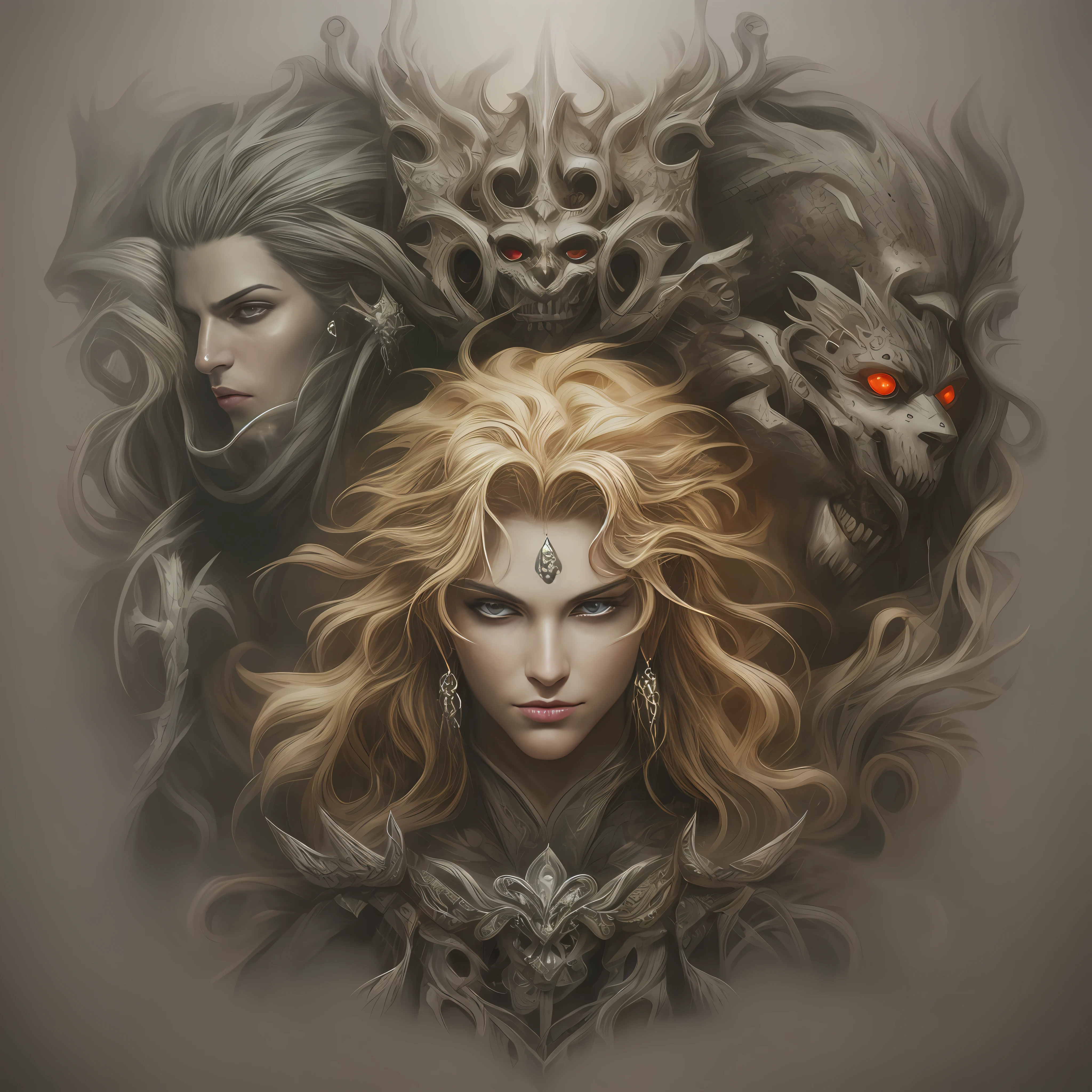 Photo of two men with long hair, high detailed official artwork, Official illustration, fantasy rpg symmetrical portrait, highly detailed exquisite fanart, highly detailed dark art, intricate ornate anime cgi style, Boris Vallejo. Octopath Traveler, dark but detailed digital art, Official artwork, final fantasy fan art, symetry!! portrait of hades, author:Arthur Penn