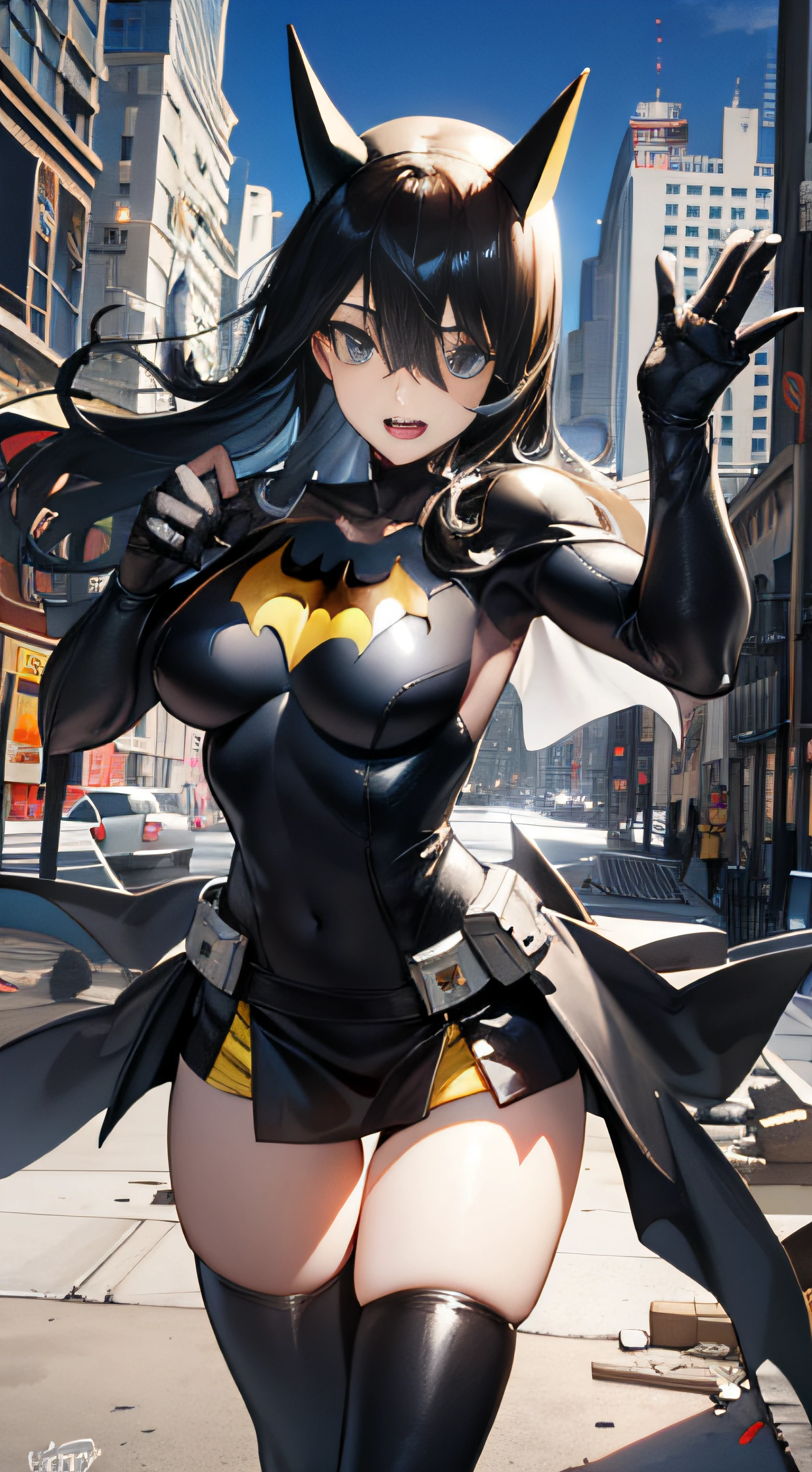 (((best qualtiy))),(((ultra - detailed))),(((tmasterpiece))),(((manga book))),Cool female superhero,Female Batman,The action is exaggerated and handsome,Batman's signature move,Dynamic,Voice bubbles,Fighting,bang between eyes,The background is the ruins of the city after the Great War,Epic cinematic footage。