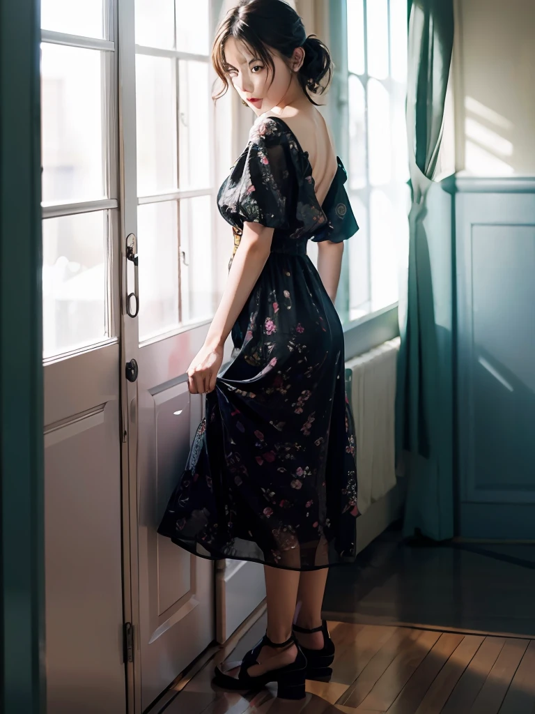 20 year old girl、Face、Floral dress、(bare-legged)、