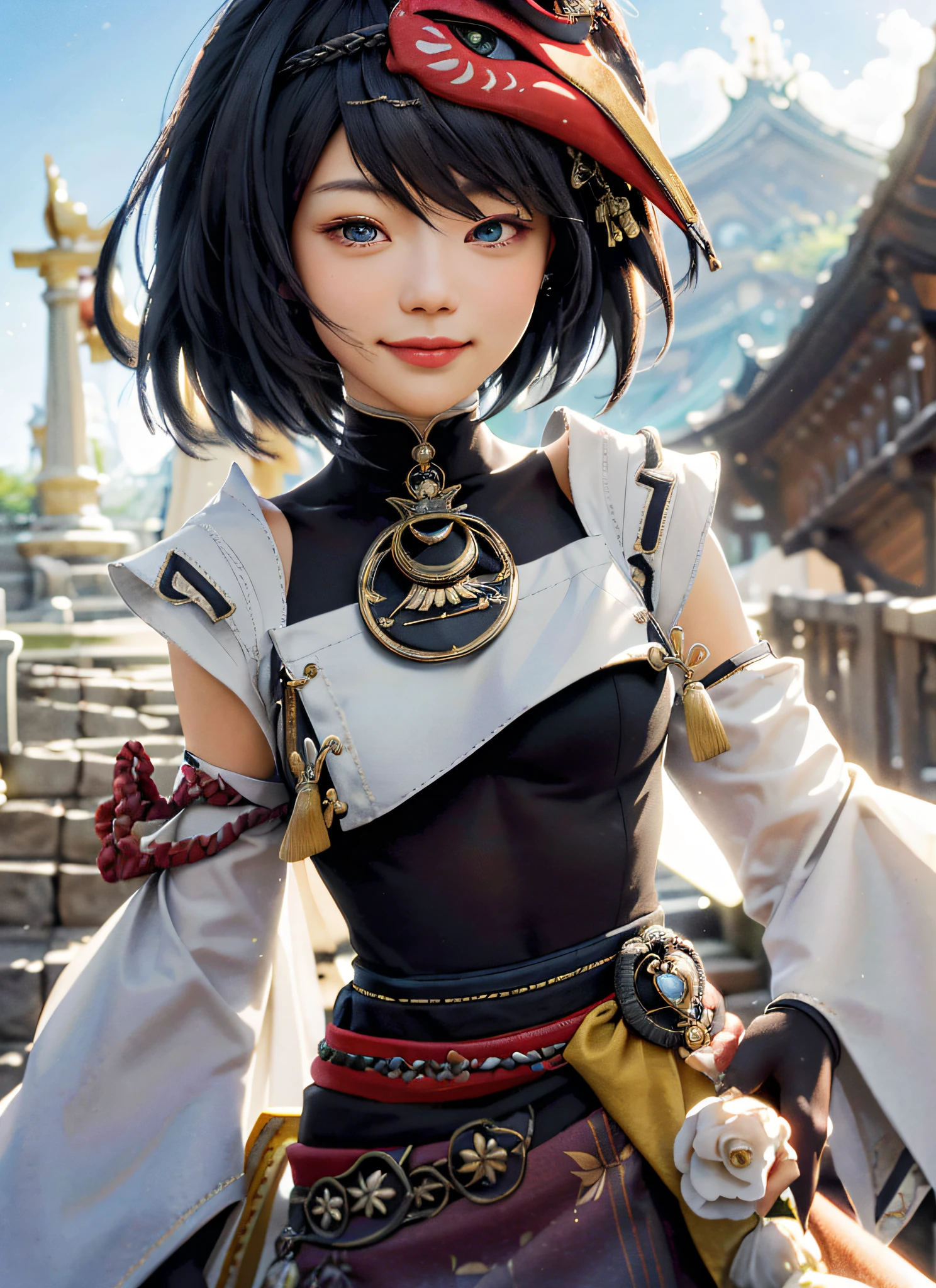 (Photorealistic:1.4), (Masterpiece, side-lighting, fine detailed beautiful eyes: 1.2),Kucho Saraseev, The upper part of the body, ssmile, Be red in the face, exteriors, In the daytime, simple backgound, blue-sky, short detailed hair, Skysky, Temple, looking at viewert, stairways, mont, Black tulle tights,