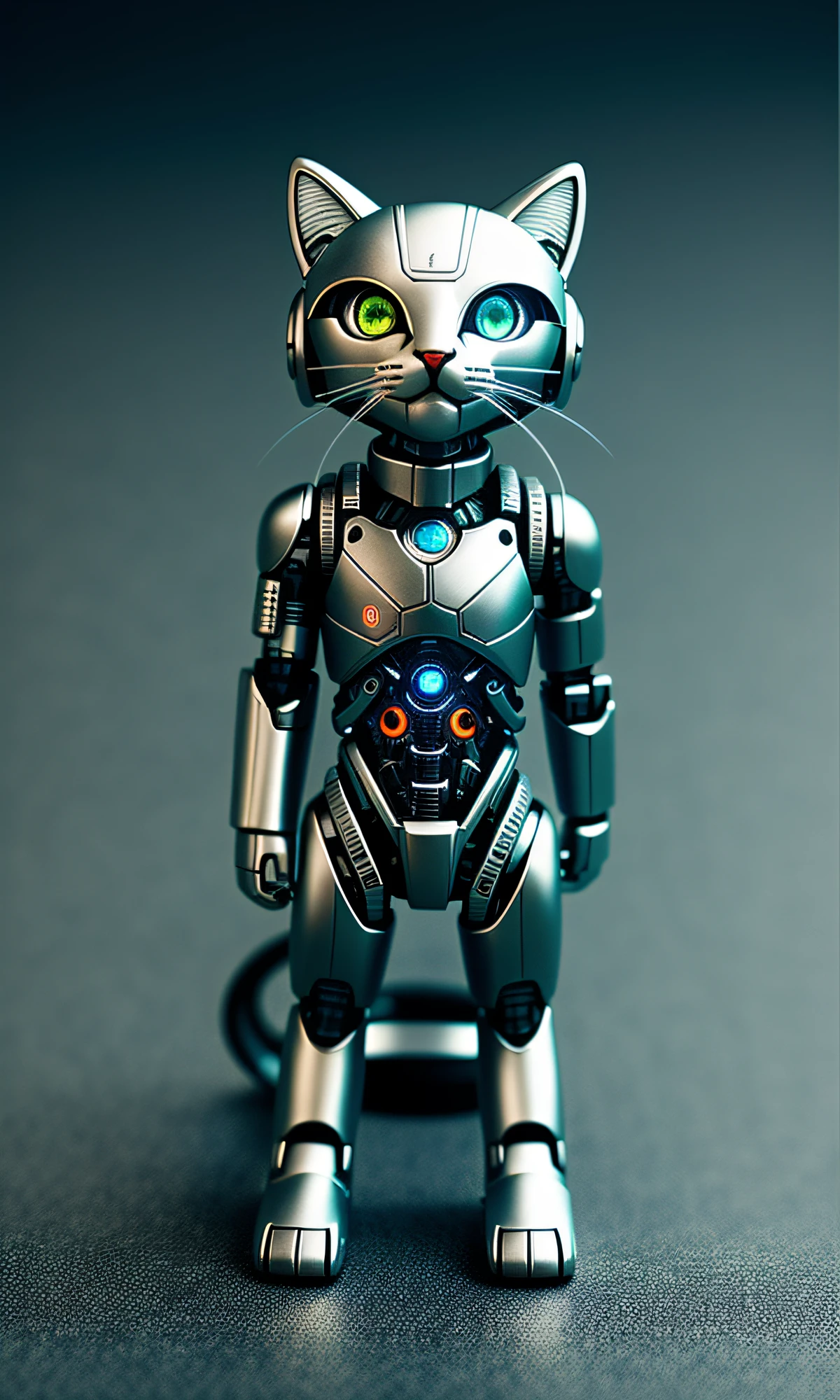 cute kitten made of metal, (cyborg: 1.1), ([tail | detailed wire]: 1.3), (complex detail), HDR, (complex detail, super detail: 1.2), cinematic shot, vignette, center