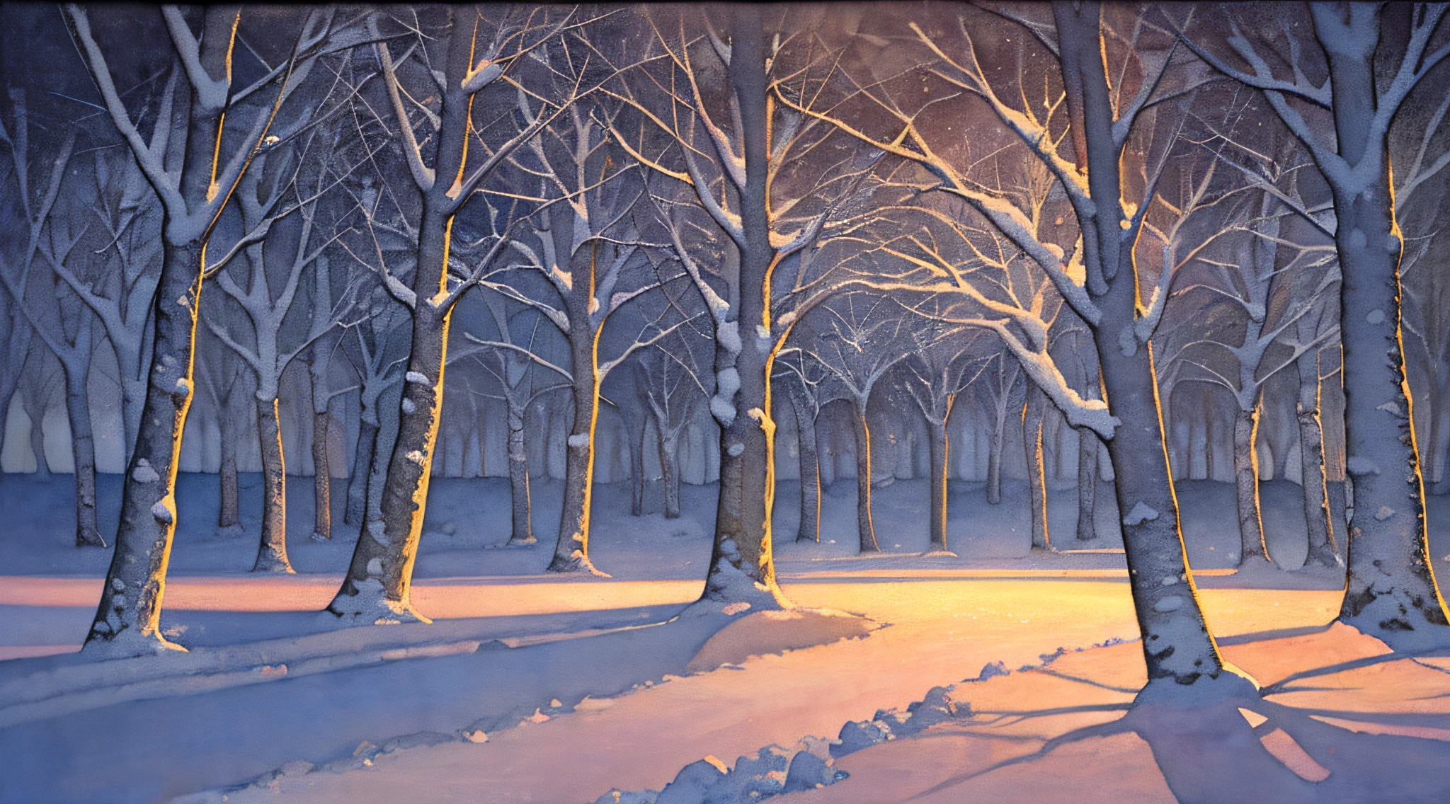 thicket, nature, resort, (night: 1.2), ((natural lighting)), clear focus, (long shot: 1.1), watercolor, painting, (winter: 1.2)