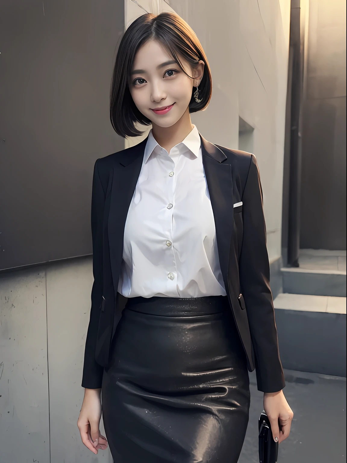 best quality, masterpiece, ultra high res, (photorealistic:1.4), RAW photo,cinematic lighting, 1 japanese girl,solo,20 years old,big breasts,(detailed beautiful face:1.5),(real skin:1.5),slender,thin legs,(big eyes:1.5),(smiling:1.3),(bob:1.5),BREAK,(Business Suit,pencil skirt:1.5),