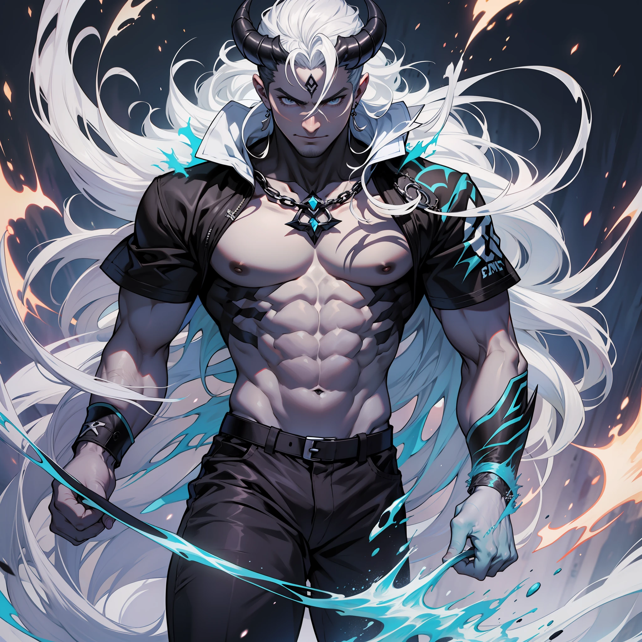 (qualidade ultra), um homem demonio, pele branca, cabelos comprido e pretos, olhos pretos e brancos, sem camisa, black pant, sinto branco, meio forte, alto, fundo branco, sozinho.