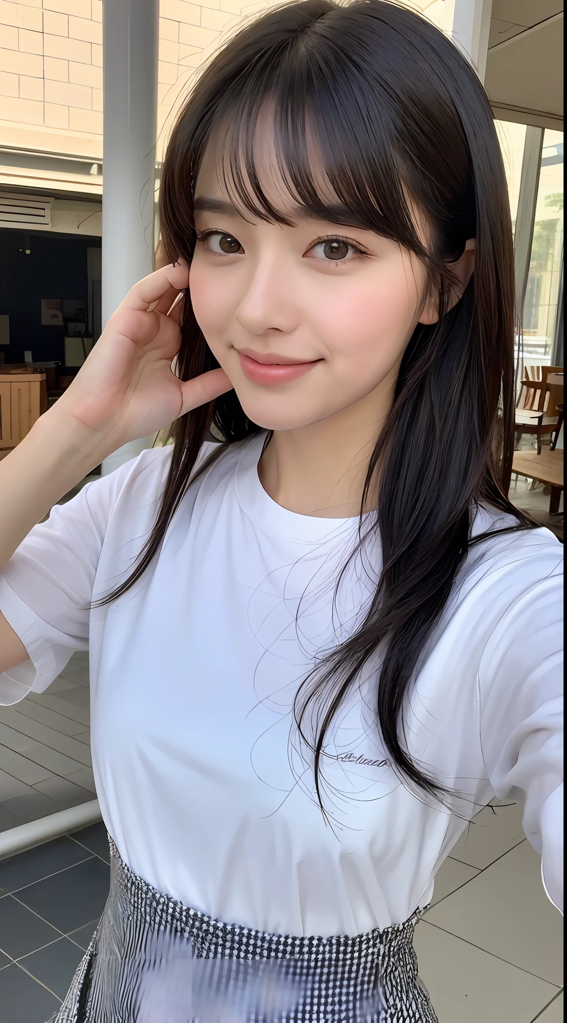 (8k、RAW Photography、top-quality、masuter piece:1.2)、ultra-detailliert、ultra res、(realisitic、rialistic photo:1.37)、portlate、high-definition RAW color photography、Professional Photography、highly detailed and beautiful、ighly detailed、8K wallpapers、amazing detailed、huge filesize、Official Art、Highly detailed CG Unity 8k wallpapers、highly detailed beautiful girl、extra detailed face、extremely detailed eye、highlydetailed skin、extremely detailed fingers、highly detailed nose、very detailed detailed mouth、Perfect Anatomy、Highly detailed ocean、Highly detailed clothing、女の子 1 人、(18:1.2)、、Cutel s、famous Japan idol、cute little、Realistic body、小柄、de pele branca、glistning skin、Slim body、handsome body、brown haired、Short constricted curly hair、(Blunt bangs:1.2)、a smile、kawaii、zora々Right、kawaii faces、lifelike face、Delicat eyes、Sauce order、White T-shirt、skirt by the、耳Nipple Ring、Looking at the camera、cowboy shot、front facing、Standing、Contrapo, ,public, 动态照明,