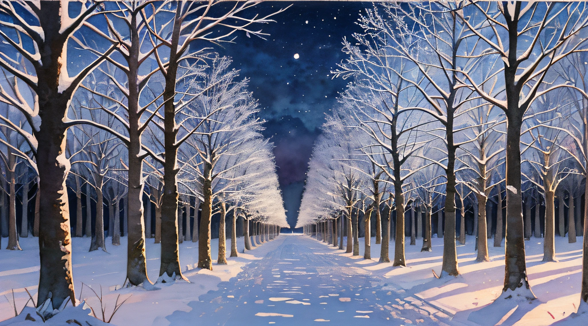thicket, nature, resort, (night: 1.2), ((natural lighting)), clear focus, (long shot: 1.1), watercolor, painting, (winter: 1.2)