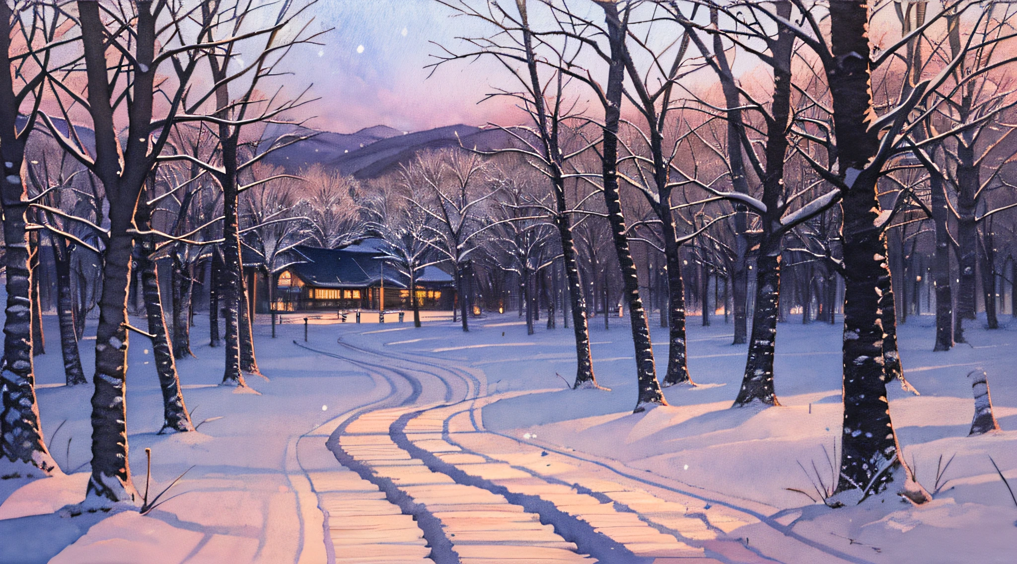 thicket, nature, resort, (night: 1.2), ((natural lighting)), clear focus, (long shot: 1.1), watercolor, painting, (winter: 1.2)