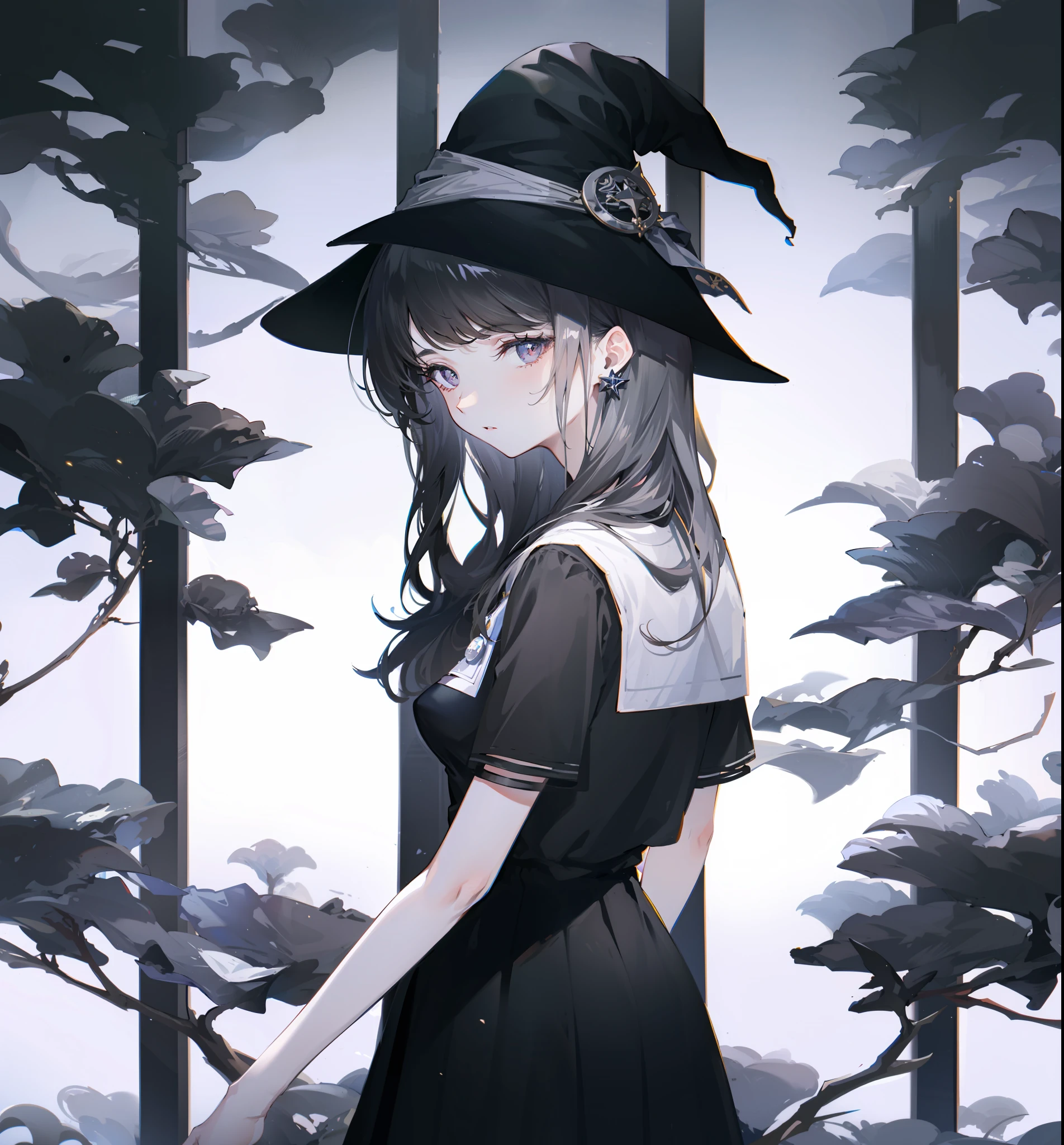 Anime girl in black dress and black hat standing in front of the fence, the witch, portrait of a young witch girl, classical witch, Mysterious girl, fashionable dark witch, Guviz, Portrait of a young witch, Anime girl wearing black dress, black-haired mage, side portrait dark witch, Guviz-style artwork, witch