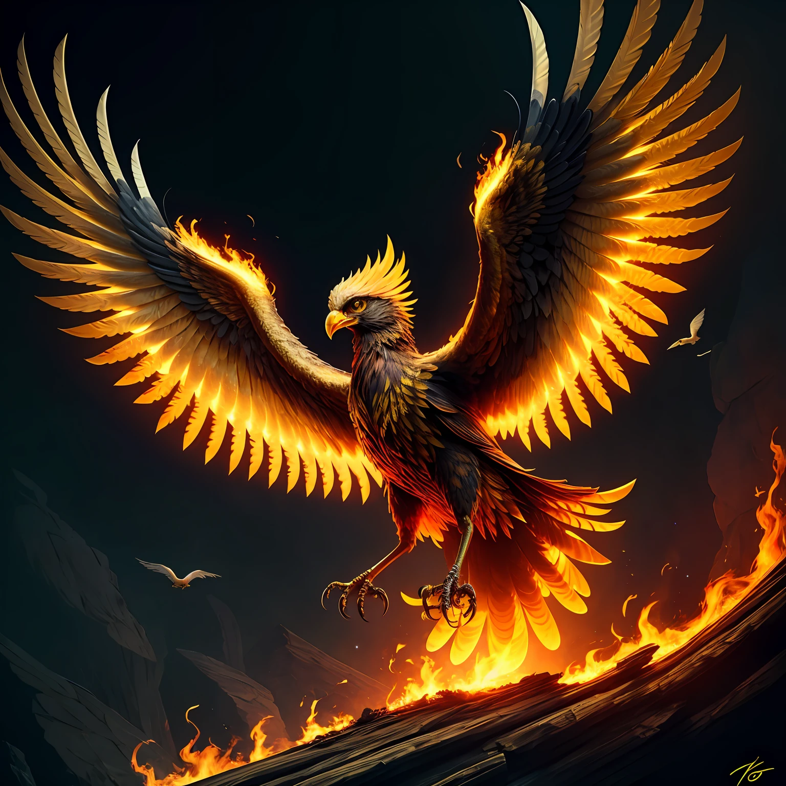 phoenix, masterpiece, best quality, solo, full body, yellow eyes, wings, no humans, glowing, bird, fire, animal focus, beak, hyper detailed, insanely detailed