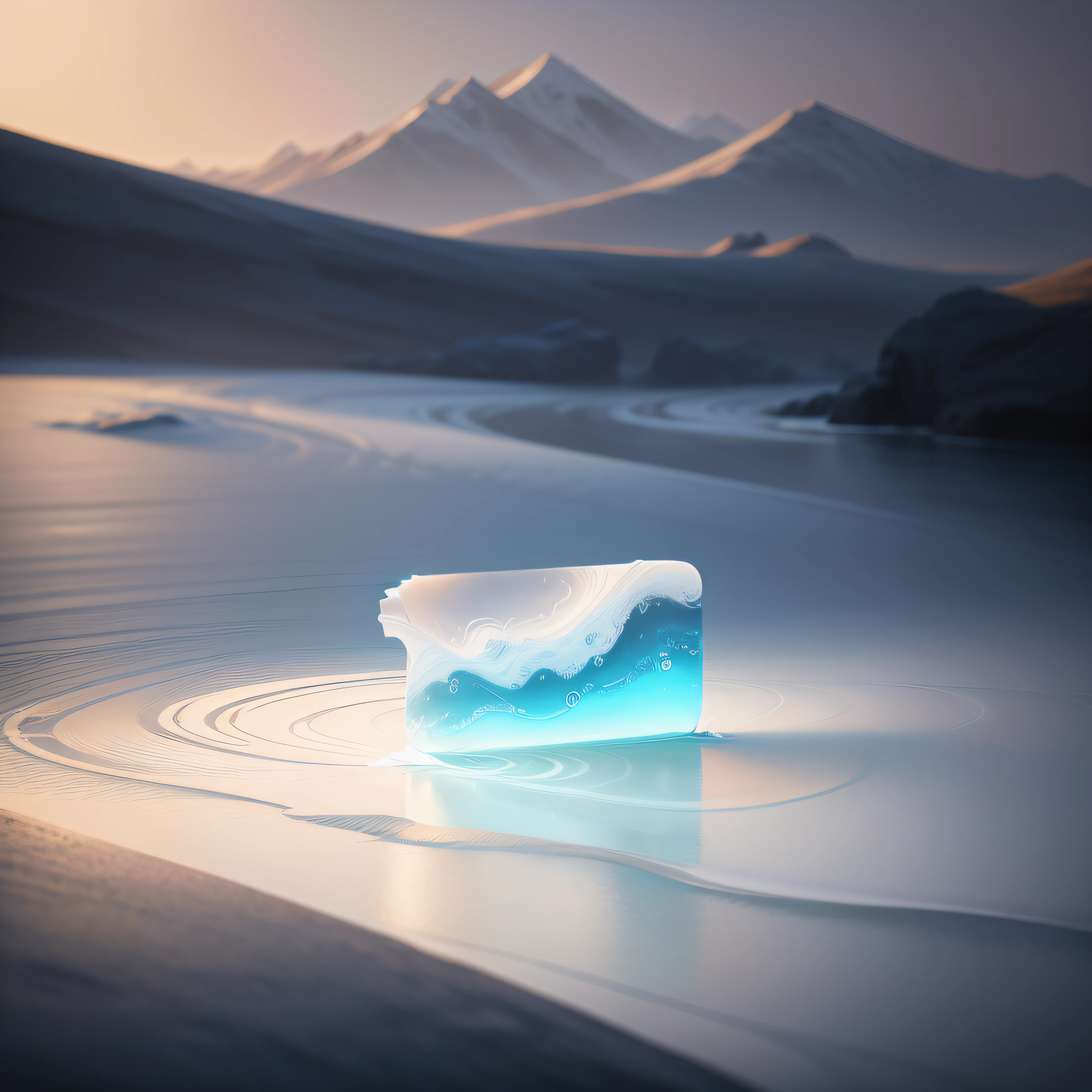 A essence liquid is placed horizontally near the perspective of the white essence liquid structure，oriental zen，in the style of fluid landscapes, Song Dynasty fine brushwork landscape painting ，rendered in cinema4d, organic flowing forms, northern china's terrain, light blue and white, mediterranean landscapes, Ultra-wide angle ，wavy resin sheets --ar 58:77 - #V3 --auto