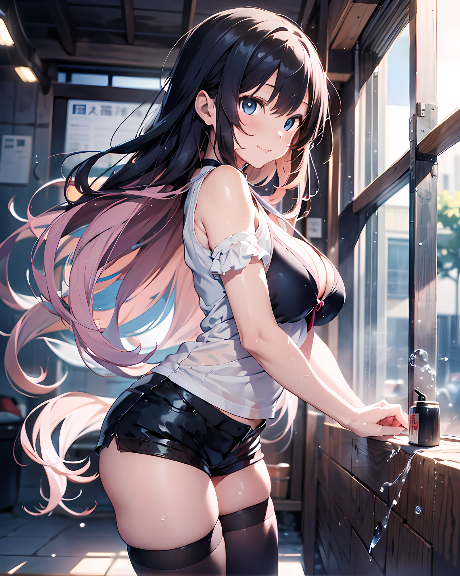 Illustration of a little girl washing a car、anime style illustration, highres, ultra detailed, (1girl:1.3), (dynamic pose):1.0 BREAK, cowboy shot, (pale skin:1.3), ((detailed blue eyes)), (bokeh effect), (dynamic angle), 1 extremely beautiful and glamorous anime waifu at car washing place, (wearing a white tank-top and rubber shorts, black stockings), splash playing soap bubbles, BREAK, she has blnde wavy twin-tailes hair style, medium-breasted, slender, light smile, happy, wind, 8 life size, detailed clothes, detailed body, detailed arms, human hands, detailed hands, perfect nose, blush, light smile, pink lip gloss, looking the viewer, facing the viewer, sexy model posing, studio soft light, cinematic light, detailed background, realistic, ultra-realistic, masterpiece, 32k ultra-sharp image, Japanese anime waifu, concept art by Kyoto animation, Makoto Shinkai,
