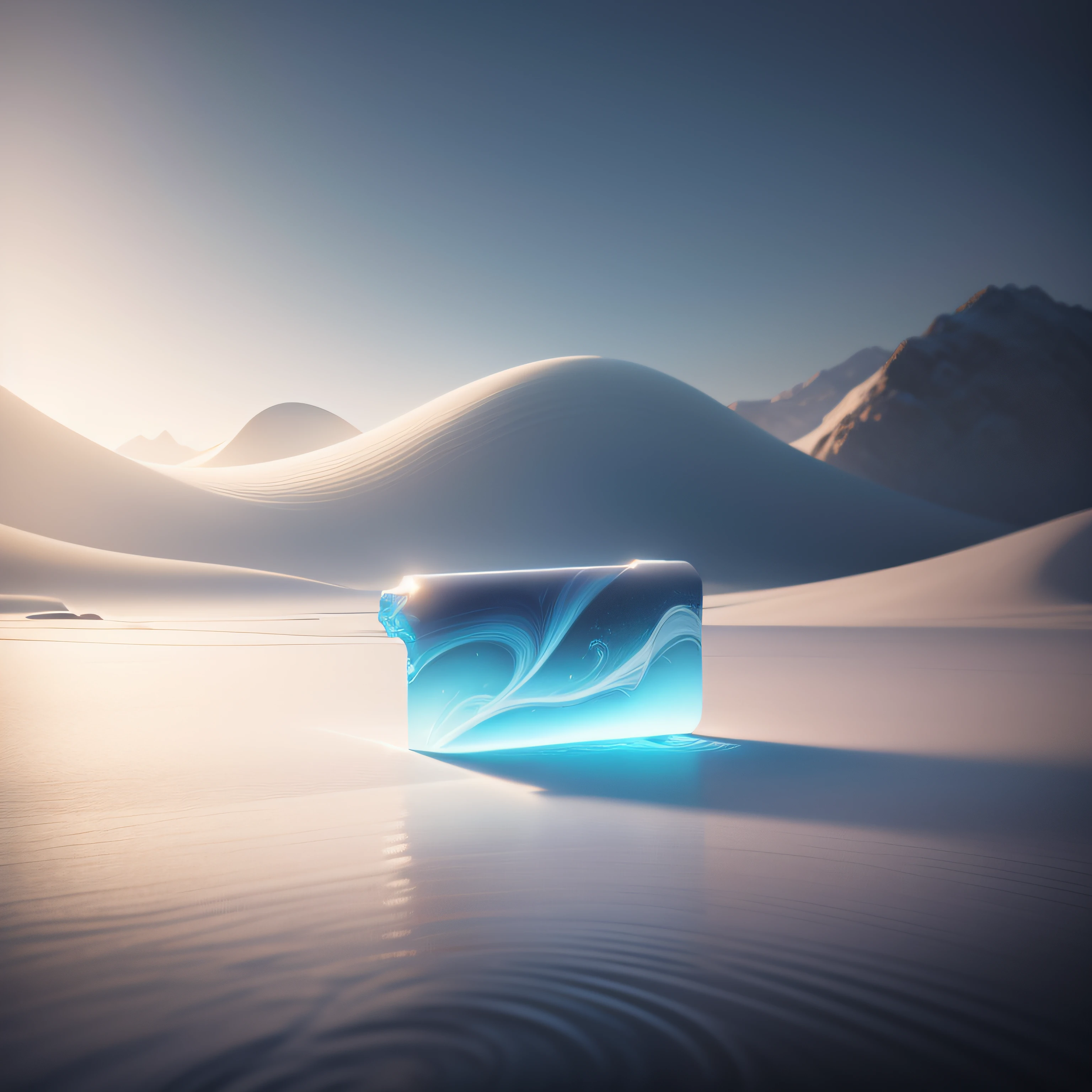 A essence liquid is placed horizontally near the perspective of the white essence liquid structure,oriental zen,in the style of fluid landscapes, Song Dynasty fine brushwork landscape painting ,rendered in cinema4d, organic flowing forms, northern china's terrain, light blue and white, mediterranean landscapes, Ultra-wide angle ,wavy resin sheets --ar 58:77 - #V3 --auto