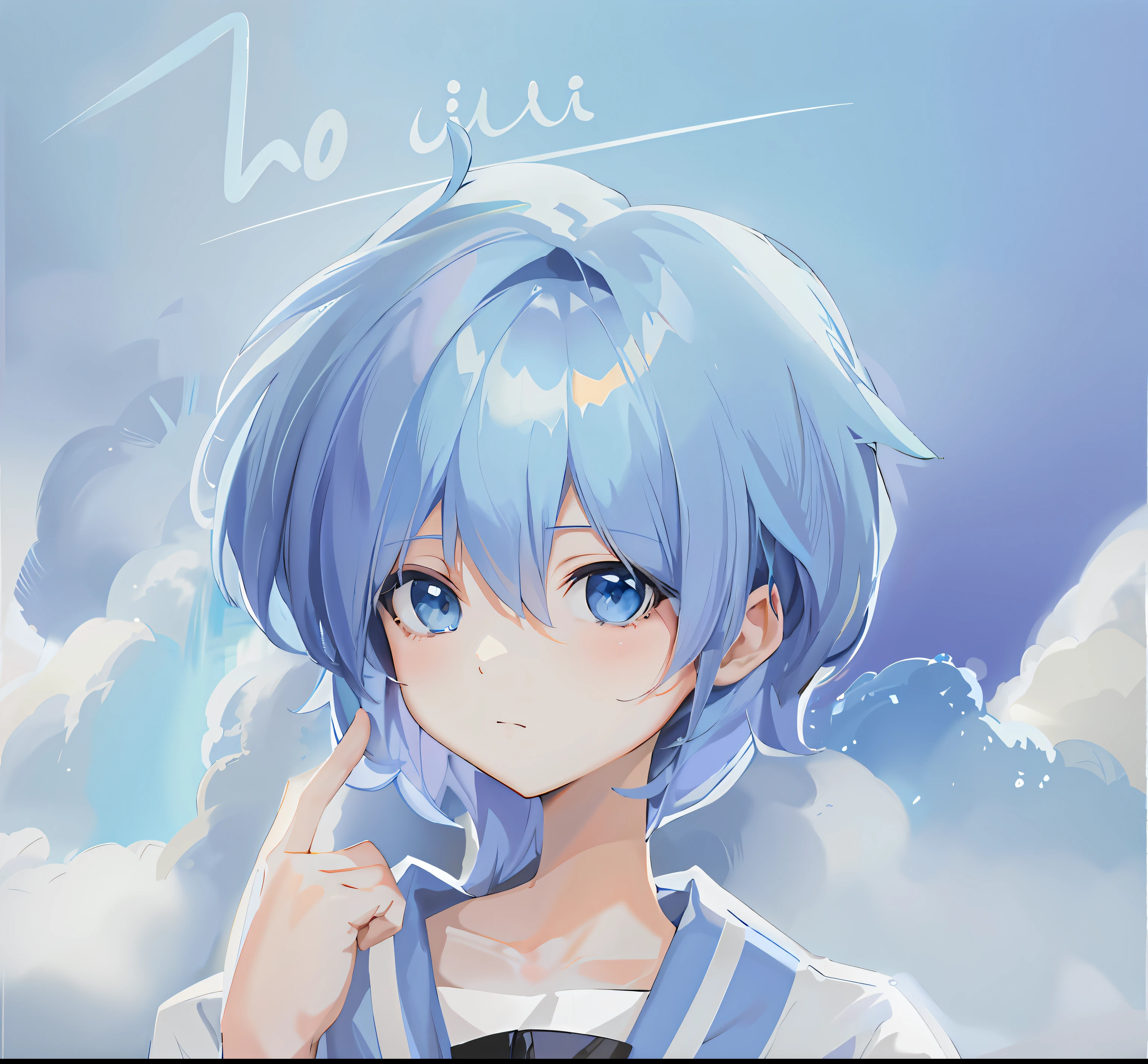 mostly cloudy sky，High-looking blue-headed blue-eyed anime girl，2D anime moe art style by Rimuru and Suii，an anime portrait of cirno，The perfect fusion of Rei Ayanami and Hatsune Miku's short hair，Beautiful anime style 4K wallpaper，Cute anime girl，Mixed with the blue waves of paint tool competition。 --auto