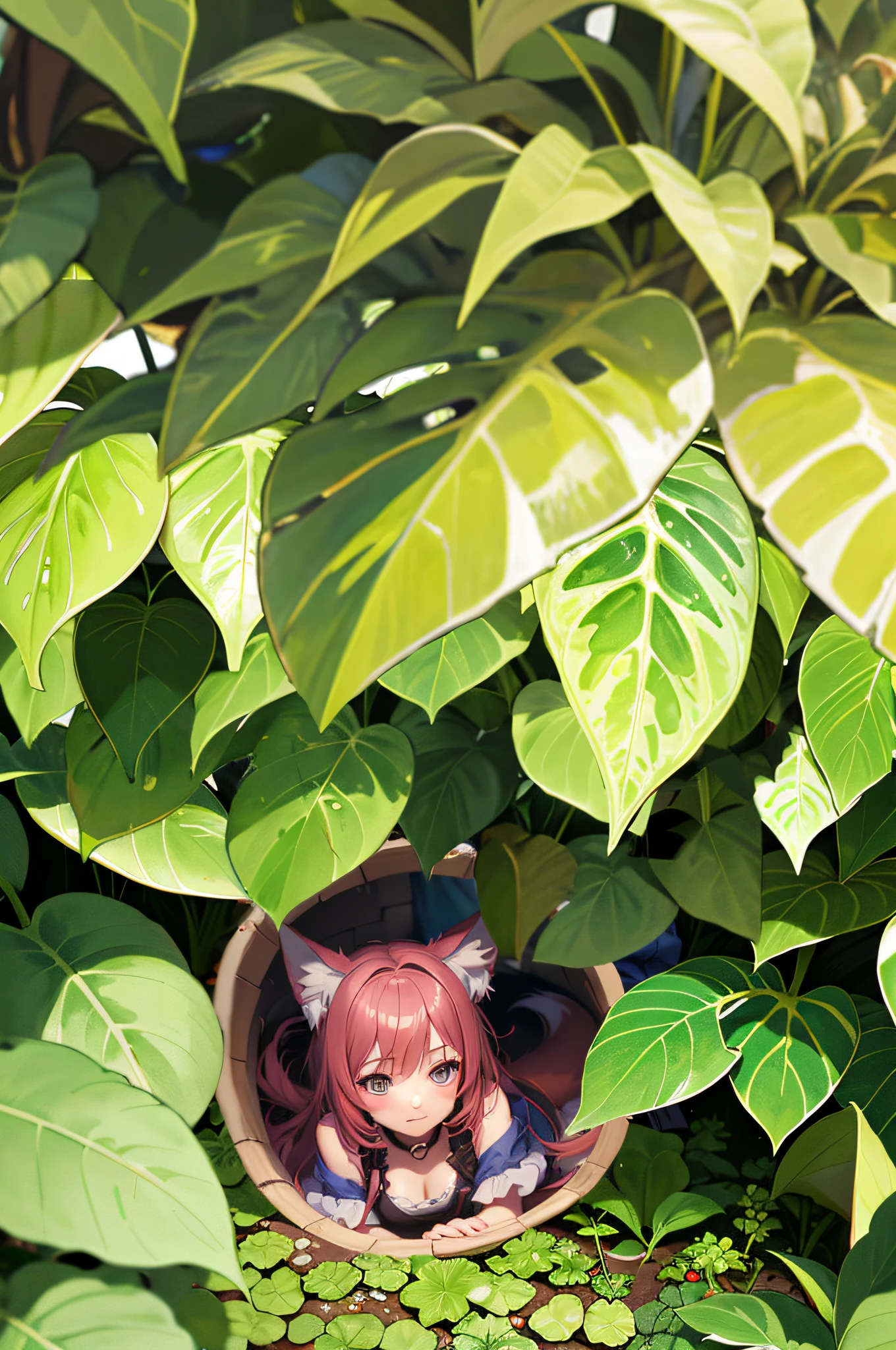 There is a doll sitting in a pot in the middle of the garden, anime lush john 8k woods, painted in anime painter studio, artwork in the style of guweiz, made with anime painter studio, digital anime illustration, covered with plants, guweiz, Detailed Digital Anime Art, amongst foliage, Shelter under the leaves, lofi portrait
