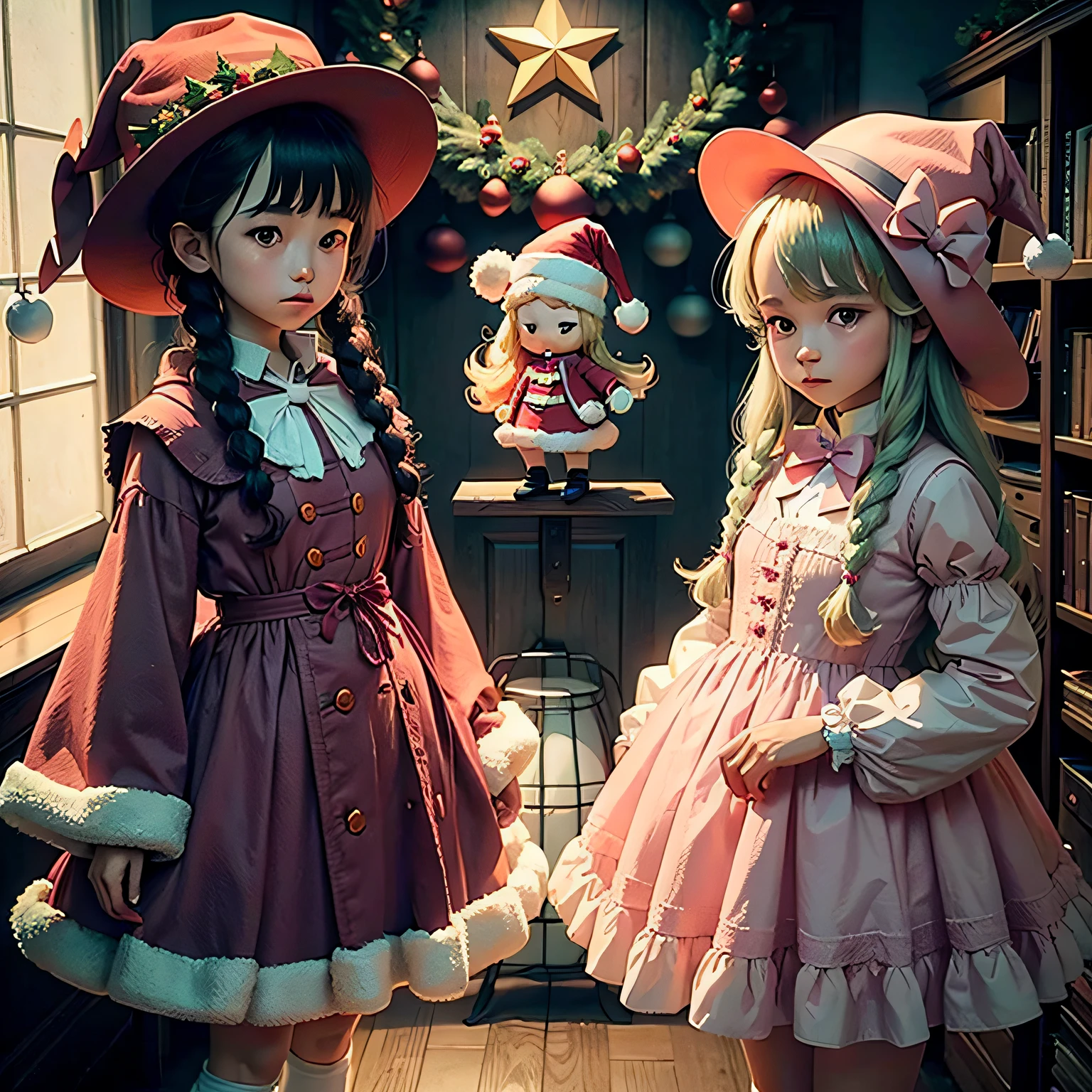 cartoony,Christmas atmosphere,Cotton dolls,Q version characters,Complete outfit,Have three views of the character,Pink is sweet,Bow knot,Wizard's Hat。 --auto
