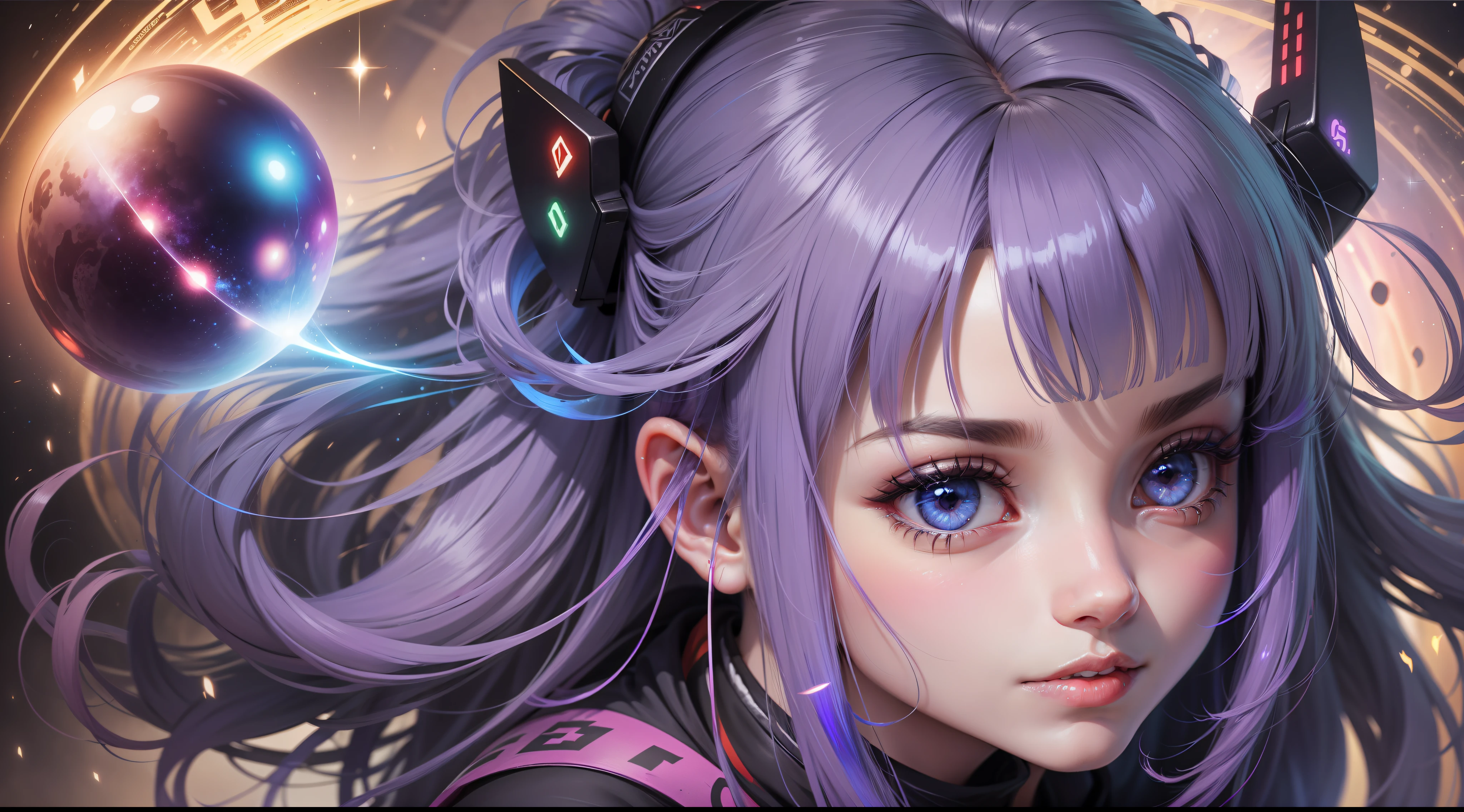 Mulher ninja com fone de ouvido sentido paz, olhos fechados, rosto bonito, cores RGB, cabelo roxo brilhante, colorido anime, fundo brilhante, Banner for youtube video, menina feliz, nuvens com cores RGB, cores RGB brilhantes, completo, ser celestial.