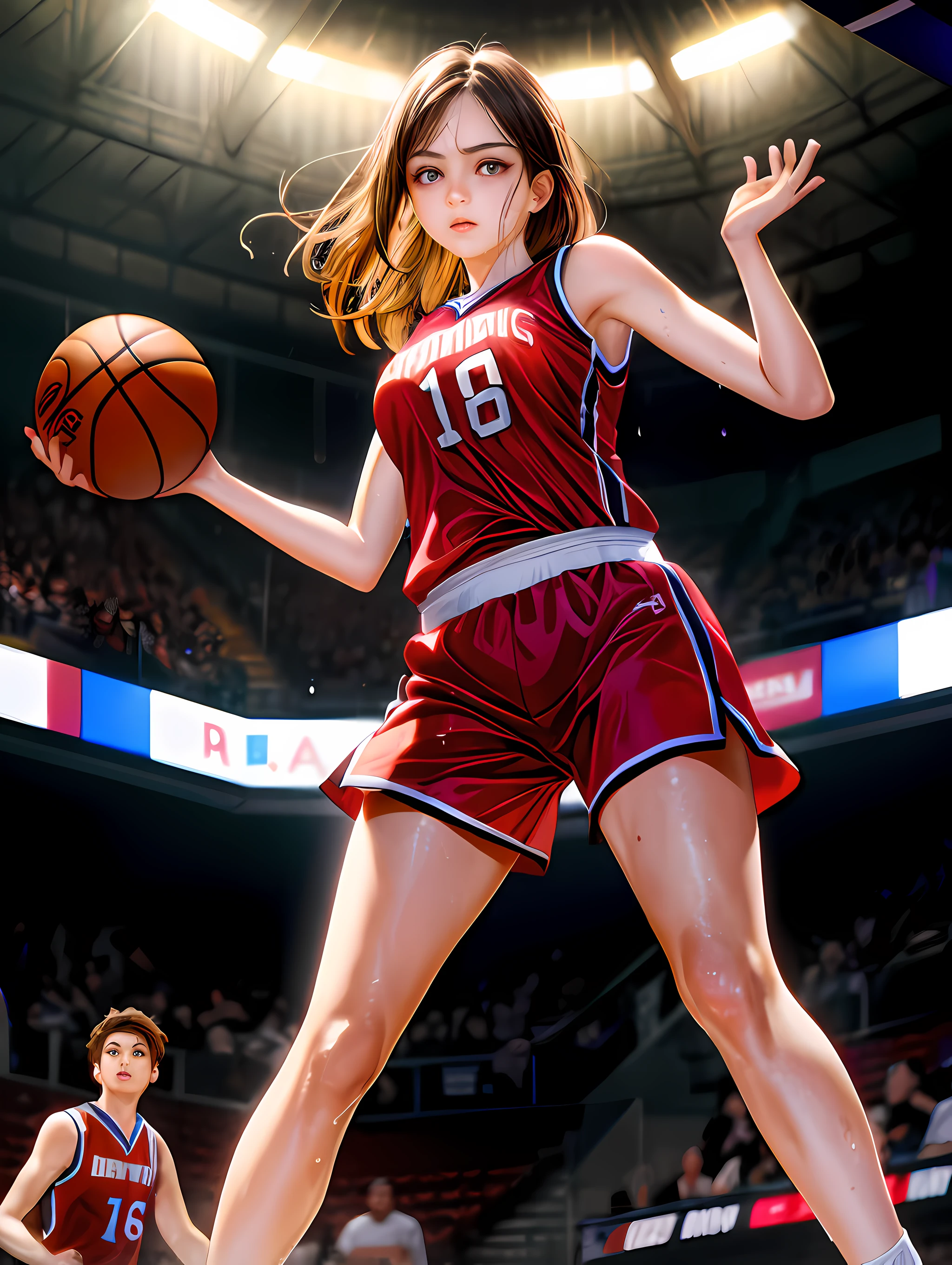 ,((masterpiece)),((high resolution)), dramatic lighting, sharp focus, 16k uhd,
super realistic illustlation,1beautiful girl,basketball uniform,teenage girl,Symmetrical big eyes,small face,large breasts, tone abs,wet skins sweat,nice legs,in basketball venue,from below