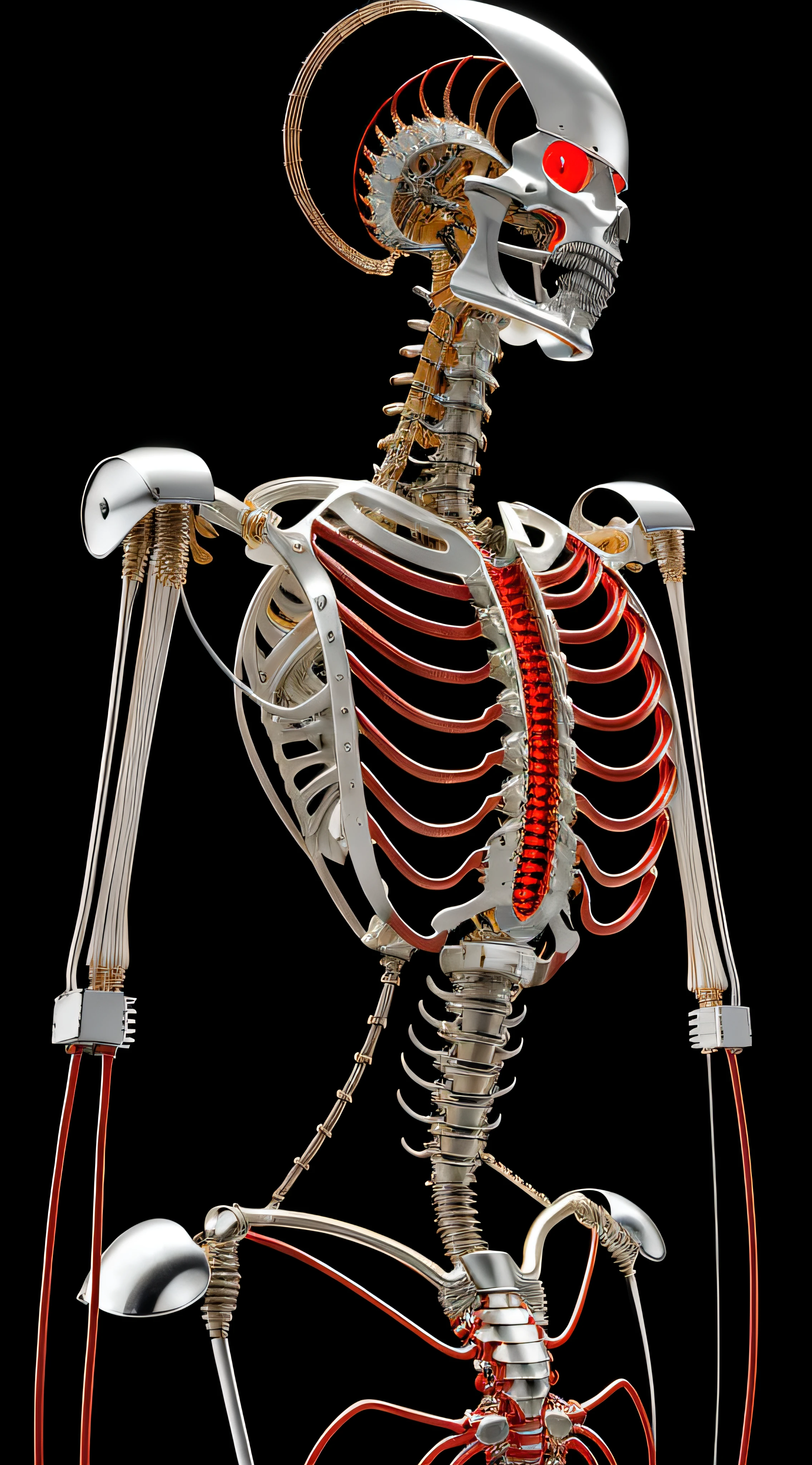 Ray tracing, (masterpiece, best quality: 1.3), (ultra-detailed: 1.3), (photo-realistic: 1), (an extremely delicate and beautiful light), cinematic, (1 mechanical girl), (hair made of copper wires), soil, whole body, (machine-made joints), ((mechanical lower jaw only))), mechanical limbs, blood vessels connected to tubes, mechanical vertebra attaching to the back, (mechanical cervical attachment to the neck), (((bright red eyes))),  Bio-mechanics, H.R. Giger style, Zdzislaw Beksinski Skyle, metallic skeletal bones, exoskeleton, sitting, expressionless, (assembly of body parts), (wires and cables attached to the neck and body), (wires and cables attached to the column and, (intricate details:1) character focus, science fiction, RAW photo, cinematic masterpiece, (majestic epic composition), (movie scene), full shot, epic dynamic frame,  dynamic pose, motion blur, sci-fi, cyber, (((cinematic look)), edge light, film grain, natural skin texture, 24mm, 4k textures, (highly detailed worn metal texture: 1.3),
