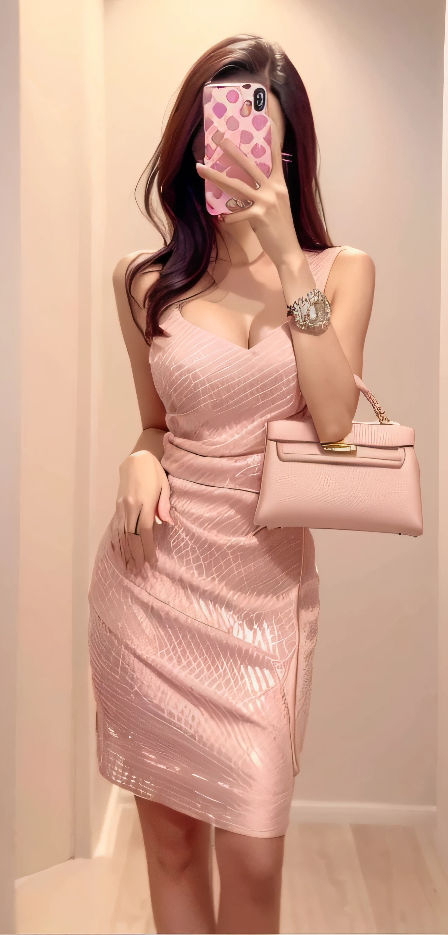 Arakfi woman in pink dress taking selfie with mobile phone, Luxury dress, Elegant dress, sophisticated dress, soft silk dress, H 576, in shades of peach, Dressed in elegant dresses, trendy dress, Bodycon dress, high fashion classy, leaked image, rich details, Elegant lady, Peach, The is very detailed, Formal attire, Silk dress
