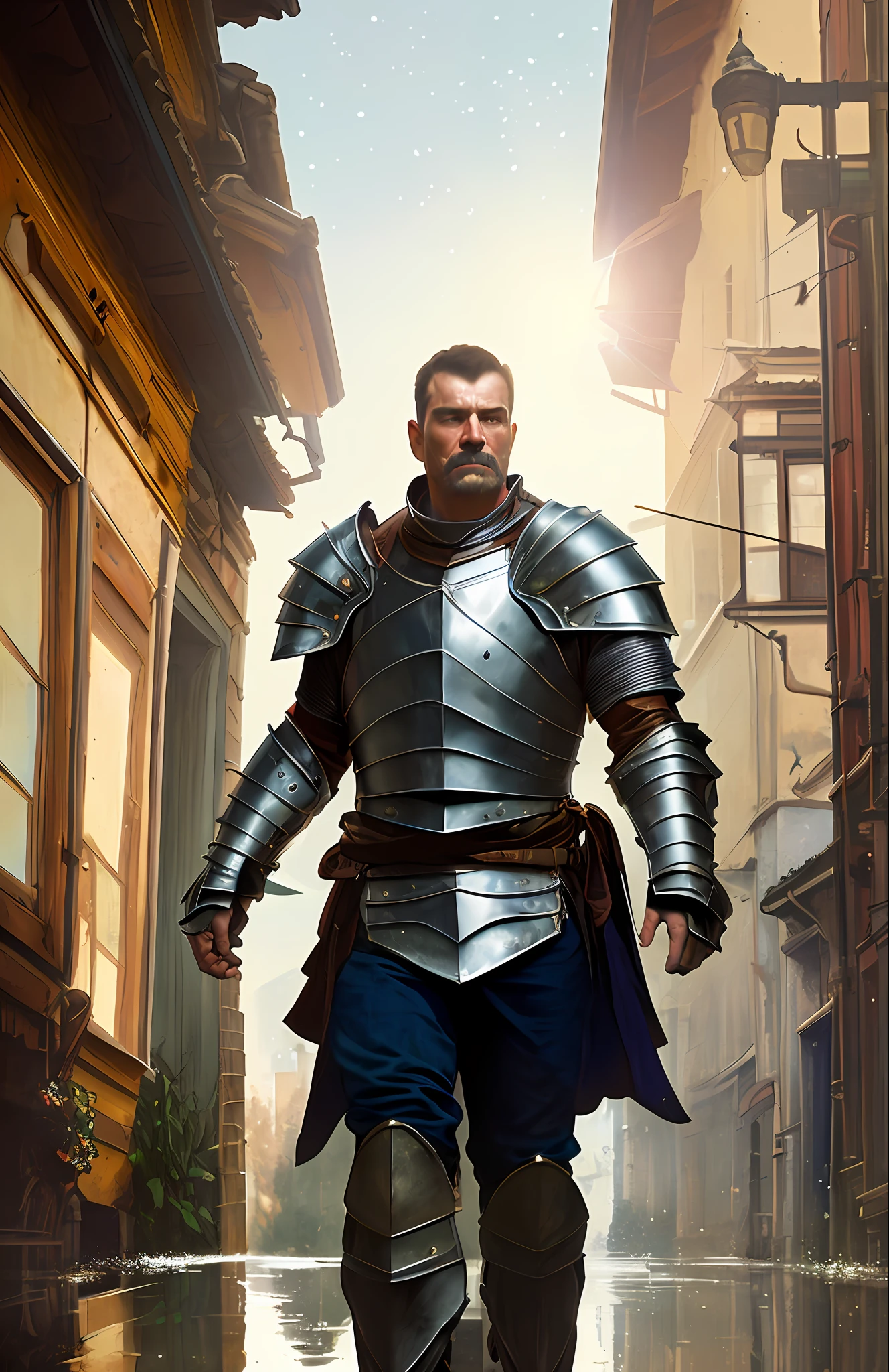 portrait of a muscular rugged warrior in a bright medieval street, ((old worn leather armor)), ((backlighting)), realistic, masterpiece, highest quality, puddle, lens flare, shade, (bloom), (chromatic aberration), by Jeremy Lipking, by Antonio J. Manzanedo, by (Alphonse Mucha), digital painting