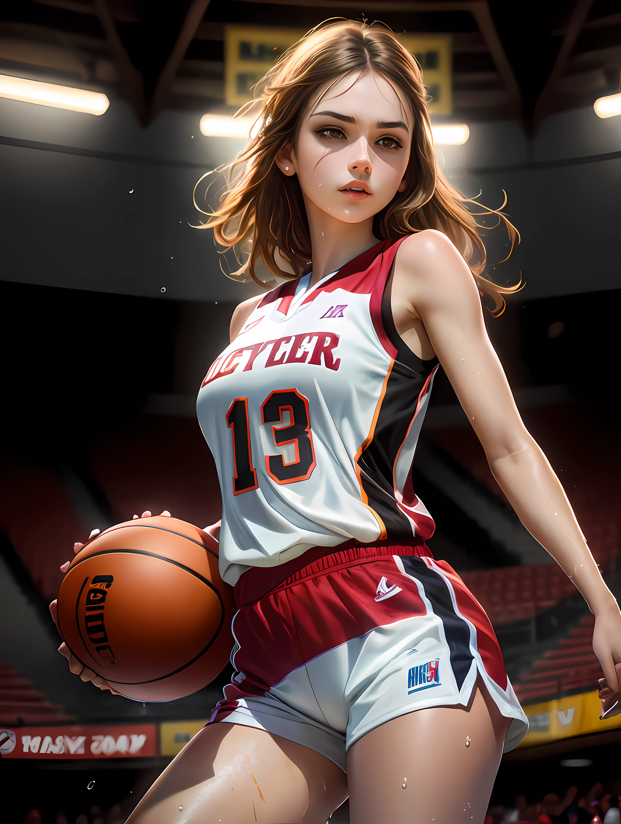 ((masterpiece)),((high resolution)), dramatic lighting, sharp focus, 16k uhd,
super realistic illustlation,1beautiful girl,basketball uniform,teenage girl,small face,large breasts, narrow waist,nice legs,wet skins sweat,in basketball venue,frombelow