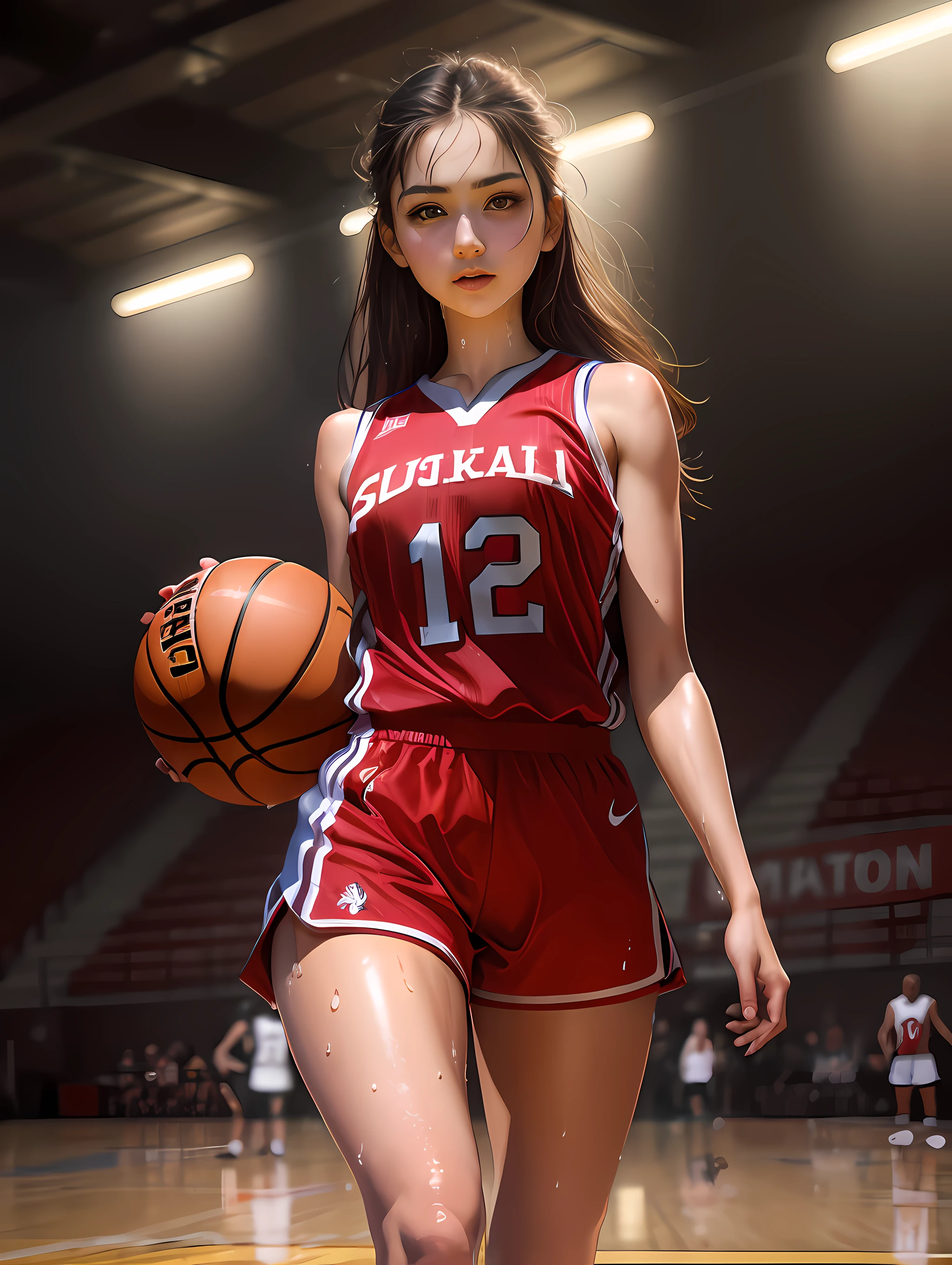 ((masterpiece)),((high resolution)), dramatic lighting, sharp focus, 16k uhd,
super realistic illustlation,1beautiful girl,basketball uniform,age girl,small face,large breasts, narrow waist,nice legs,wet skins sweat,in basketball venue,frombelow