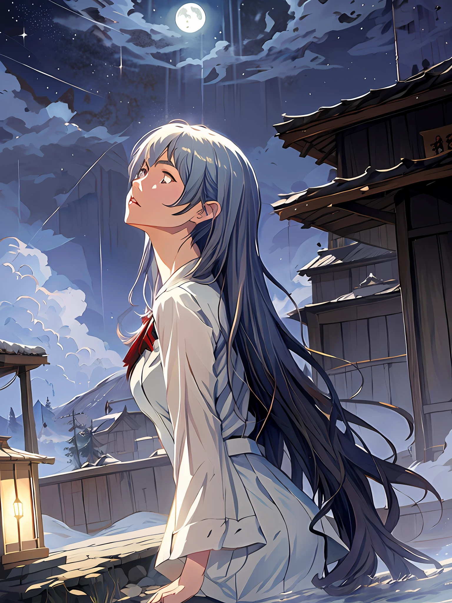 obra-prima, melhor qualidade, alto, Absurdo, ultradetalhado, surpreendente, maravilhoso, impressionante, peaceful, relaxante, majo, altamente detalhado , 1girl, Looking Up The Sky, (Shot from behind: 1.1), (Low angle shot: 1.1), Onsen, vapor, night sky, lua brilhante, pelo artista makoto shinkai, Krenz Cushart, Ilya Kuvshinov, passaros voando ao fundo, super sensual