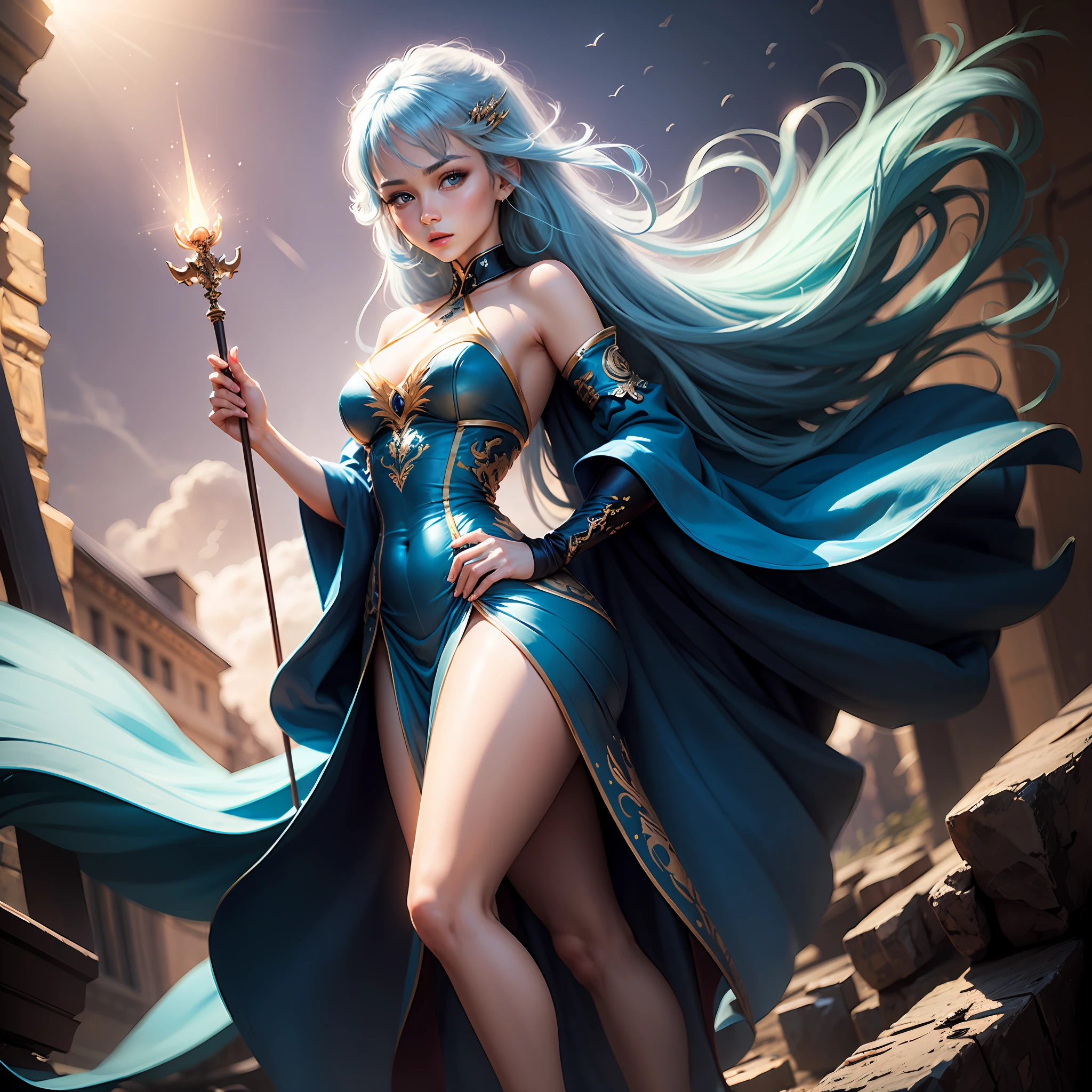 blue hairs,magestic,Beautuful Women,Long legs,Blue light effect,magical staff,Blue eyes,Beautiful sky,fly --auto