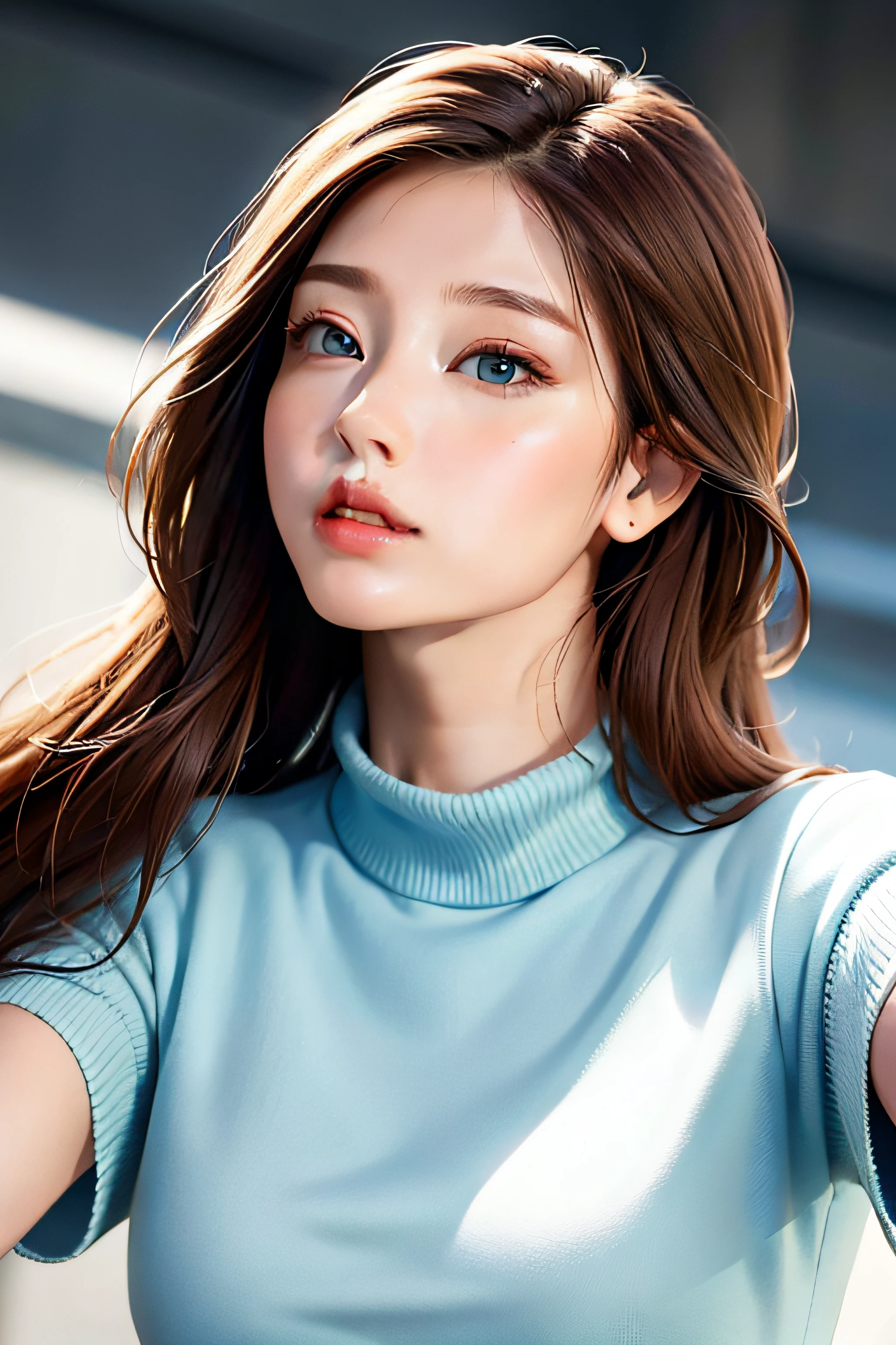 tmasterpiece, brunette color hair, blueneyes, head looking up, The upper part of the body