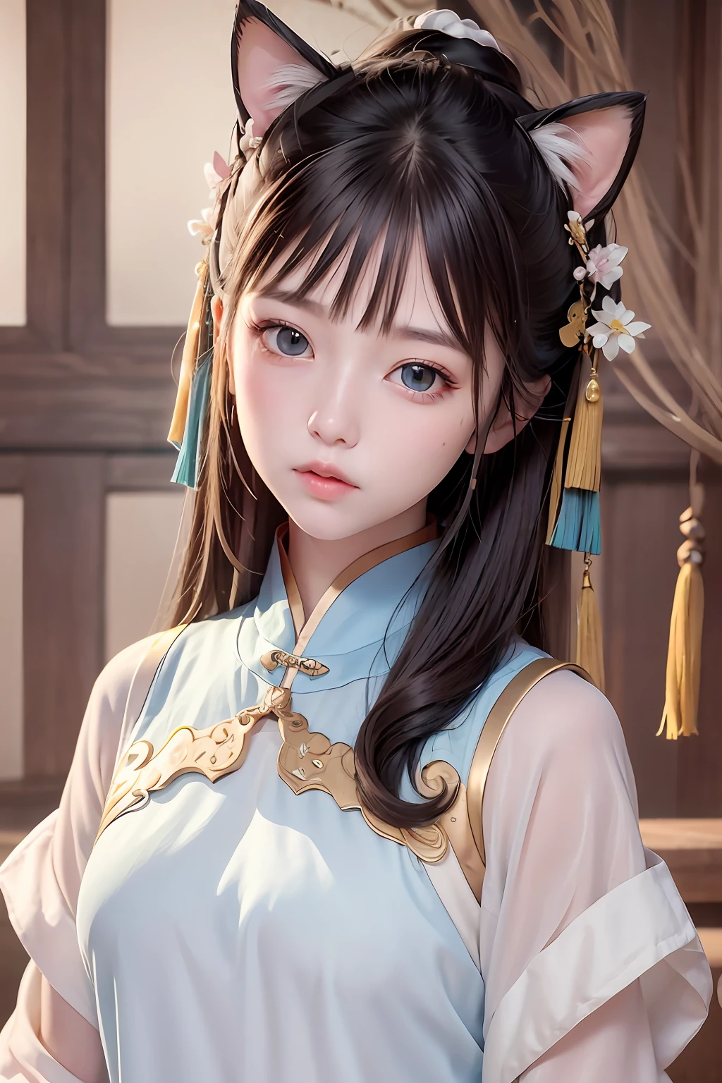 ancient wind，Beautiful，Hanfeng girl，cat ear，whaite hair，Pink pupils，Up，The upper part of the body，