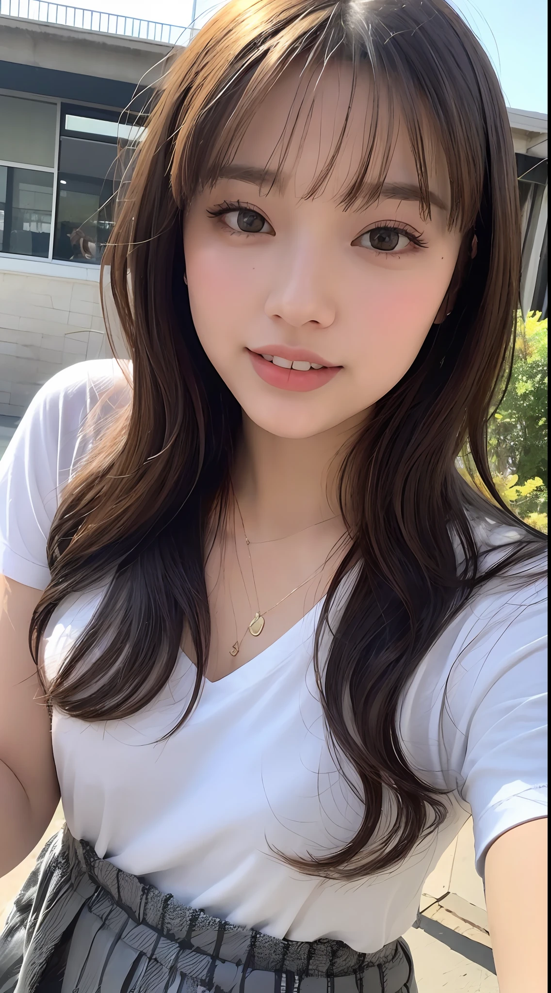 (8k、RAW Photography、top-quality、masuter piece:1.2)、ultra-detailliert、ultra res、(realisitic、rialistic photo:1.37)、portlate、high-definition RAW color photography、Professional Photography、highly detailed and beautiful、ighly detailed、8K wallpapers、amazing detailed、huge filesize、Official Art、Highly detailed CG Unity 8k wallpapers、highly detailed beautiful girl、extra detailed face、extremely detailed eye、highlydetailed skin、extremely detailed fingers、highly detailed nose、very detailed detailed mouth、Perfect Anatomy、highly detailed back ground、Highly detailed clothing、女の子 1 人、(18:1.2)、Teen、Cute little girl s、famous Japan idol、cute little、Realistic body、小柄、de pele branca、glistning skin、Slim body、handsome body、brown haired、Short constricted curly hair、(Blunt bangs:1.2)、a smile、kawaii、zora々Right、kawaii faces、lifelike face、Delicat eyes、Sauce order、White T-shirt、skirt by the、耳Nipple Ring、Looking at the camera、cowboy shot、front facing、Standing、Contrapo, Summer Festivals、Mare、mont、a river、动态照明,