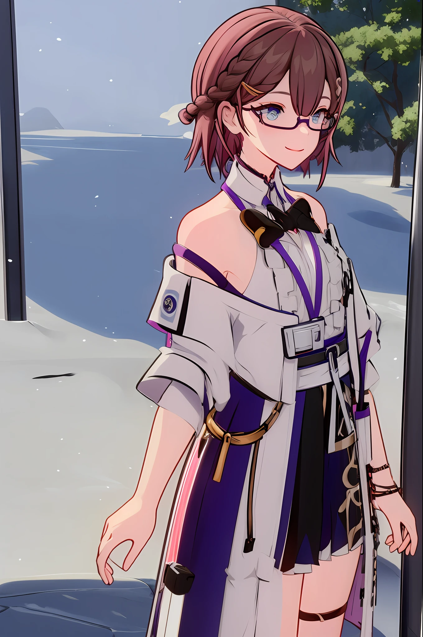short detailed hair,brunette color hair,Sweatshirt,Leaning against the side of the bed,Bedrooms,Sloth,inattentive,squinty eyes,ssmile,超高分辨率,short skirt,flatchest,eye glass,Epic paintings