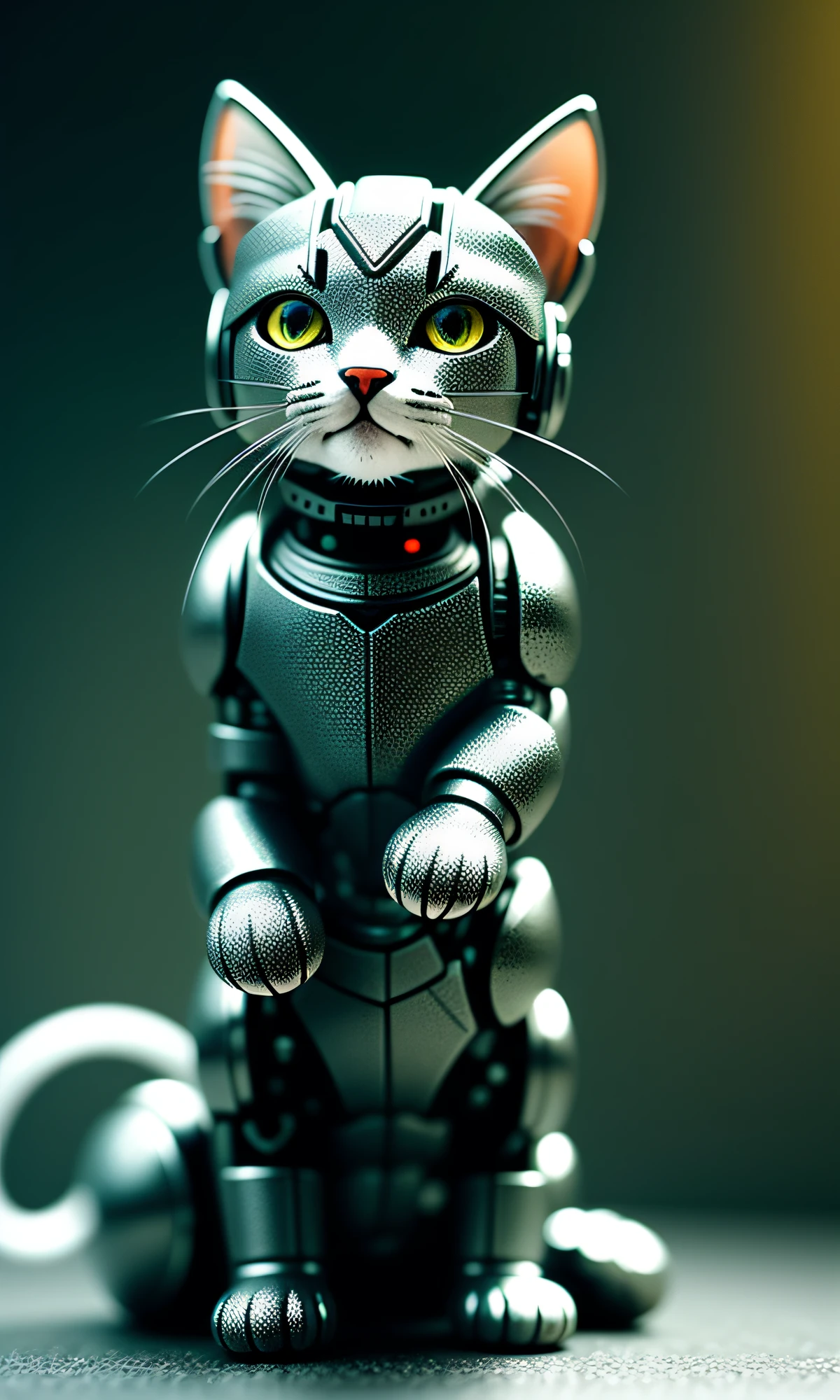 cute kitten made of metal, (cyborg: 1.1), ([tail | detailed wire]: 1.3), (complex detail), HDR, (complex detail, super detail: 1.2), cinematic shot, vignette, center