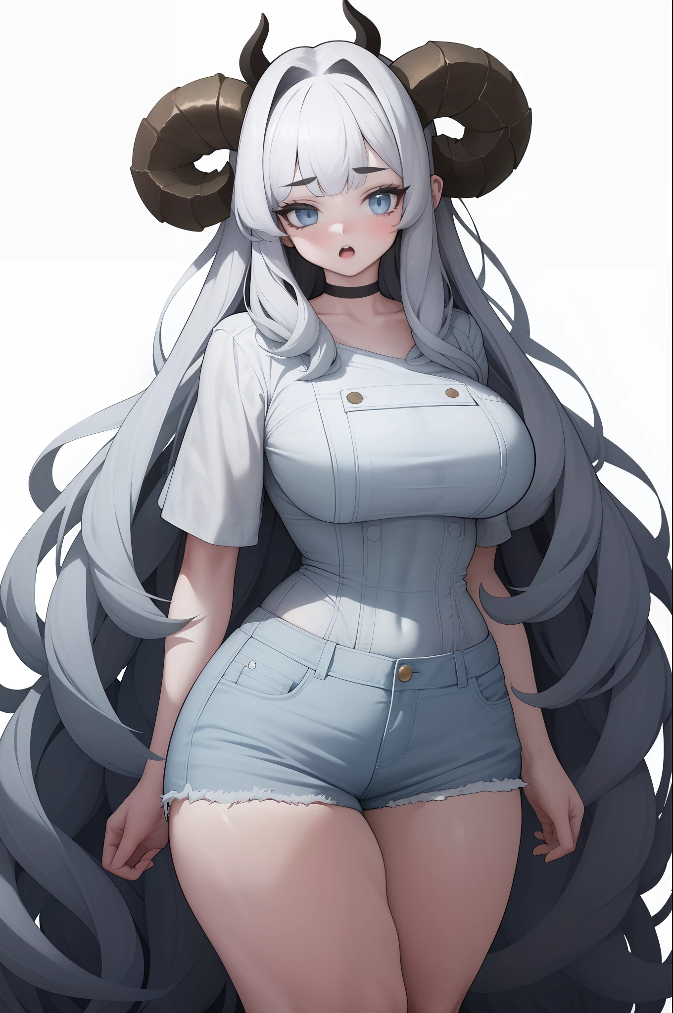 Girl, 独奏, Standing, upper-body,
white colored hair, Long hair, curly hair, messy  hair, (blunt bangs:1.2), Horns, Sheep horns, White horns,
blue eyes, looking at the viewer,
Choker, white  shirt, white shorts, Short shorts, White Thighs, (denture:1.2),
curved, Large, covered breasts,
(whitebackground, Single background:1.4), wlsdnjs950, (Thick lines:1.2),