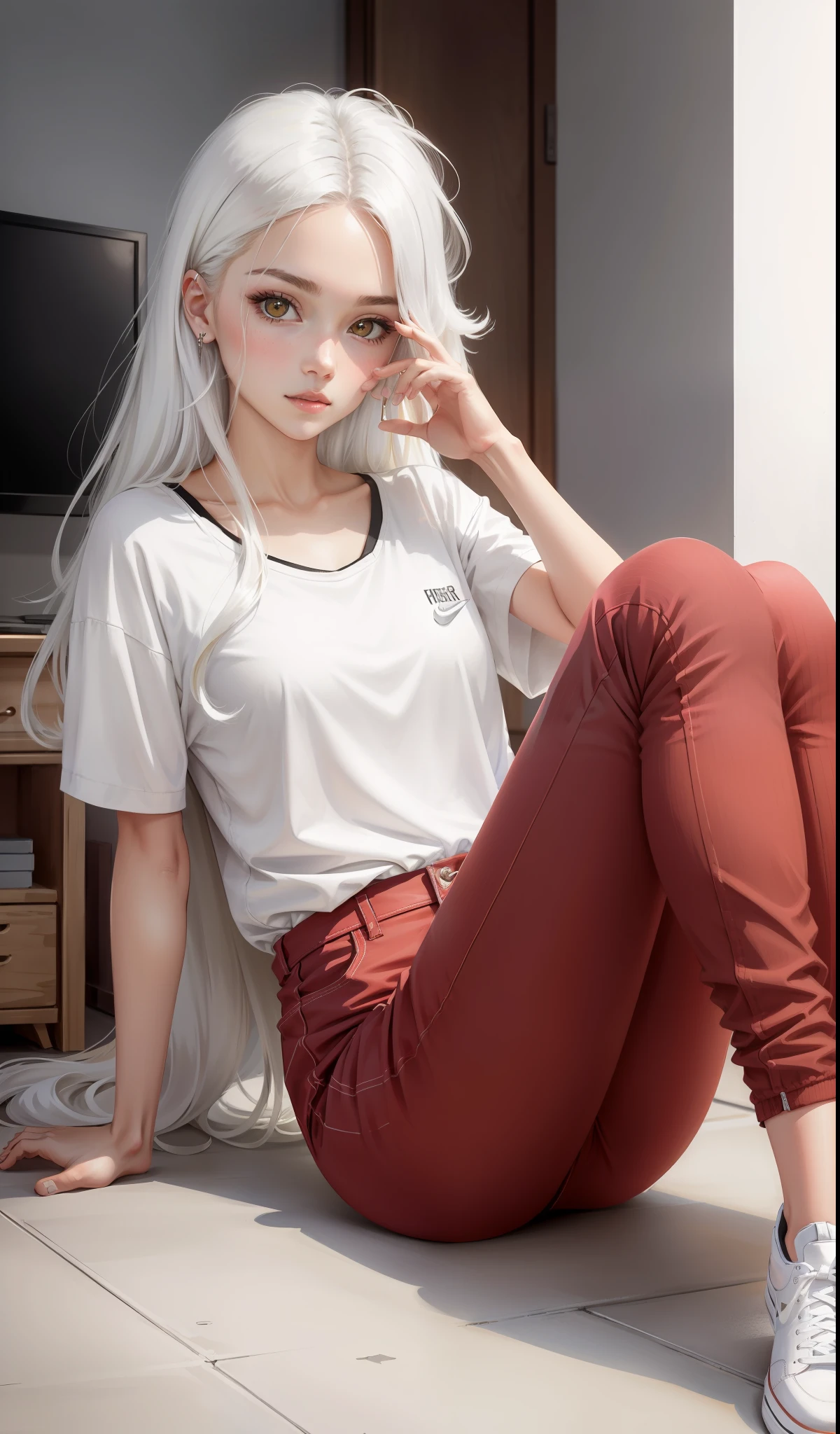 a woman in a white shirt and red pants is playing video game, simple style, wearing elegant casual clothes, muted red, simple clothes, milk and red style, casual clothing style, modern fashion outfit, wearing a fisher , casual modern clothing, inspo, red clothes, red pants, neutral tones, rred and white color scheme, casual business outfit, cute face, nike shoes, 17 years old, long hair, ((white hair)) gleaming bright yellow eyes