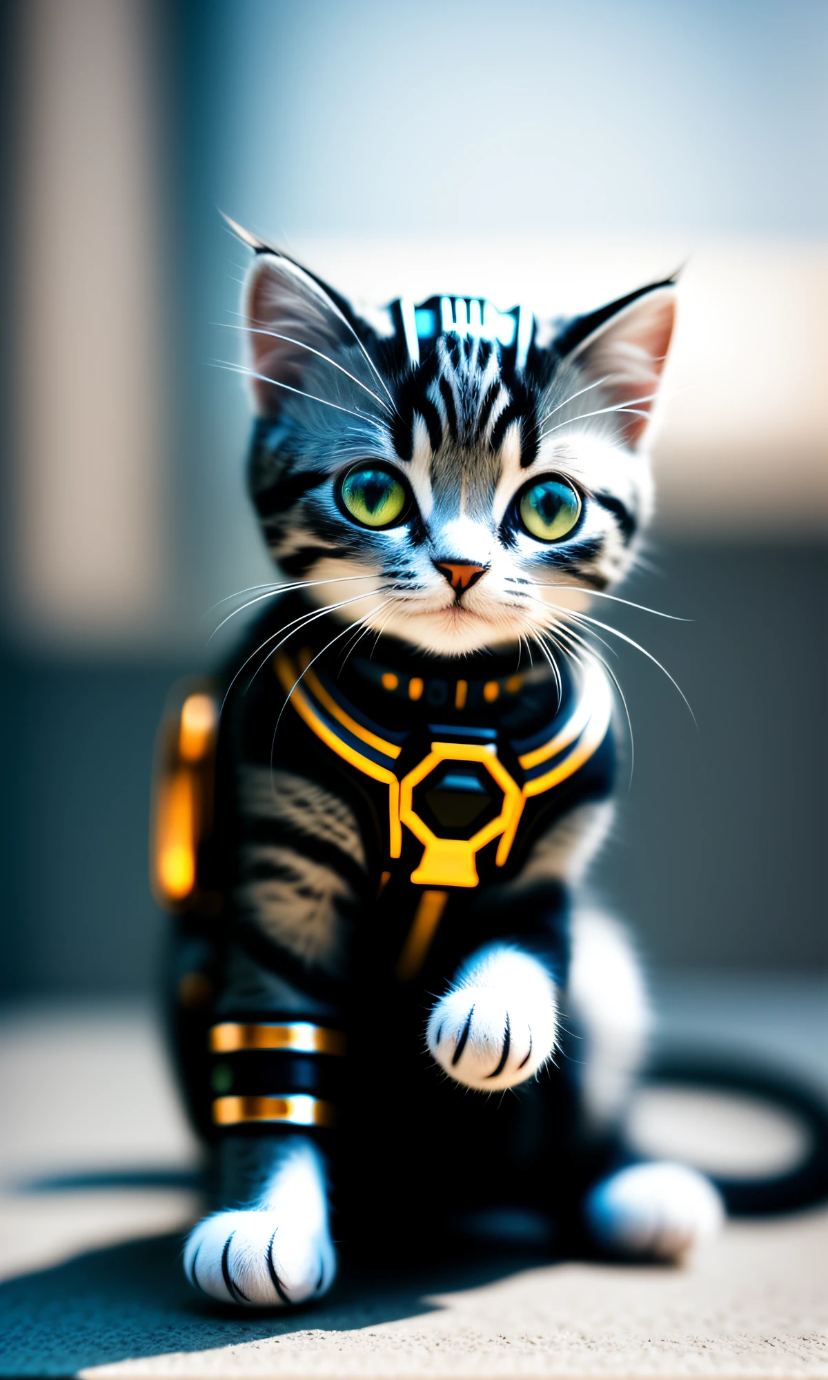 cute kitten made of metal, (cyborg: 1.1), ([tail | detailed wire]: 1.3), (complex detail), HDR, (complex detail, super detail: 1.2), cinematic shot, vignette, center